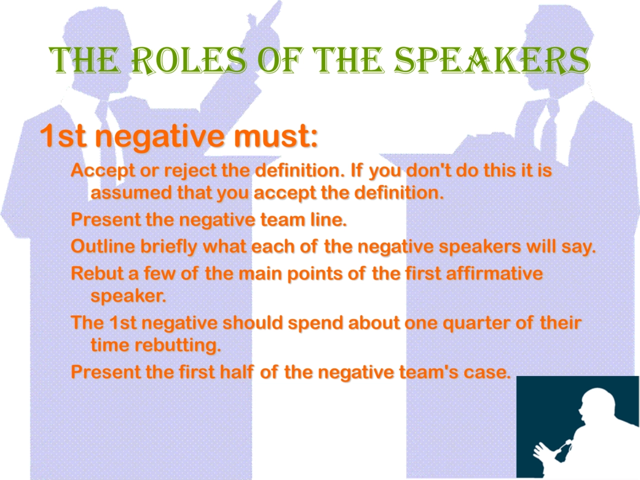 The Roles of The Speakers
1st negative must:
Accept or reject the definition. If you don't do thi…