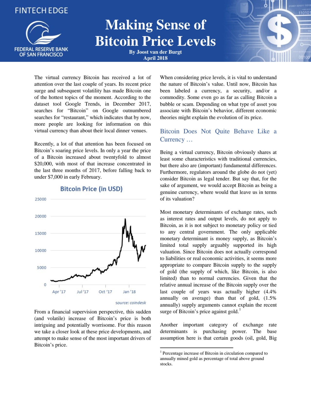 Making Sense of
Bitcoin Price Levels
By Joost van der Burgt
April 2018
The virtual currency Bit…