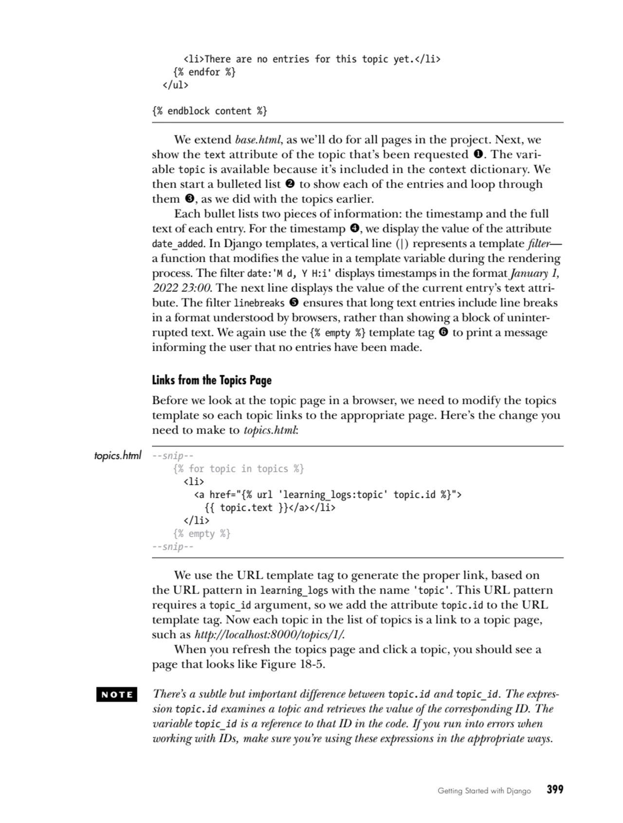 Getting Started with Django   399
 <li>There are no entries for this topic yet.</li>
 {% endfor %…