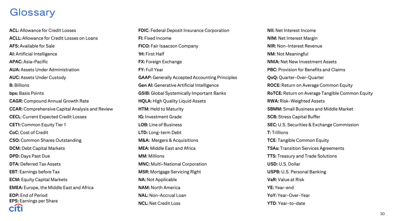 Glossary
30
ACL: Allowance for Credit Losses
ACLL: Allowance for Credit Losses on Loans
AFS: Available for Sale
AI: Artificial Intelligence 
APAC: Asia–Pacific
AUA: Assets Under Administration
AUC: Assets Under Custody
B: Billions
bps: Basis Points
CAGR: Compound Annual Growth Rate
CCAR: Comprehensive Capital Analysis and Review
CECL: Current Expected Credit Losses
CET1: Common Equity Tier 1
CoC: Cost of Credit
CSO: Common Shares Outstanding
DCM: Debt Capital Markets
DPD: Days Past Due
DTA: Deferred Tax Assets
EBT: Earnings before Tax
ECM: Equity Capital Markets
EMEA: Europe, the Middle East and Africa
EOP: End of Period
EPS: Earnings per Share
FDIC: Federal Deposit Insurance Corporation
FI: Fixed Income
FICO: Fair Isaacson Company
1H: First Half
FX: Foreign Exchange
FY: Full Year 
GAAP: Generally Accepted Accounting Principles
Gen AI: Generative Artificial Intelligence
GSIB: Global Systemically Important Banks
HQLA: High Quality Liquid Assets
HTM: Held to Maturity
IG: Investment Grade
LOB: Line of Business
LTD: Long-term Debt
M&A: Mergers & Acquisitions
MEA: Middle East and Africa
MM: Millions
MNC: Multi-National Corporation
MSR: Mortgage Servicing Right
NA: Not Applicable
NAM: North America
NAL: Non-Accrual Loan
NCL: Net Credit Loss
NII: Net Interest Income
NIM: Net Interest Margin
NIR: Non-Interest Revenue
NM: Not Meaningful
NNIA: Net New Investment Assets
PBC: Provision for Benefits and Claims
QoQ: Quarter-0ver-Quarter
ROCE: Return on Average Common Equity
RoTCE: Return on Average Tangible Common Equity
RWA: Risk-Weighted Assets
SBMM: Small Business and Middle Market
SCB: Stress Capital Buffer
SEC: U.S. Securities & Exchange Commission
T: Trillions
TCE: Tangible Common Equity
TSAs: Transition Services Agreements 
TTS: Treasury and Trade Solutions
USD: U.S. Dollar
USPB: U.S. Personal Banking
VaR: Value at Risk
YE: Year-end
YoY: Year-Over-Year
YTD: Year-to-date