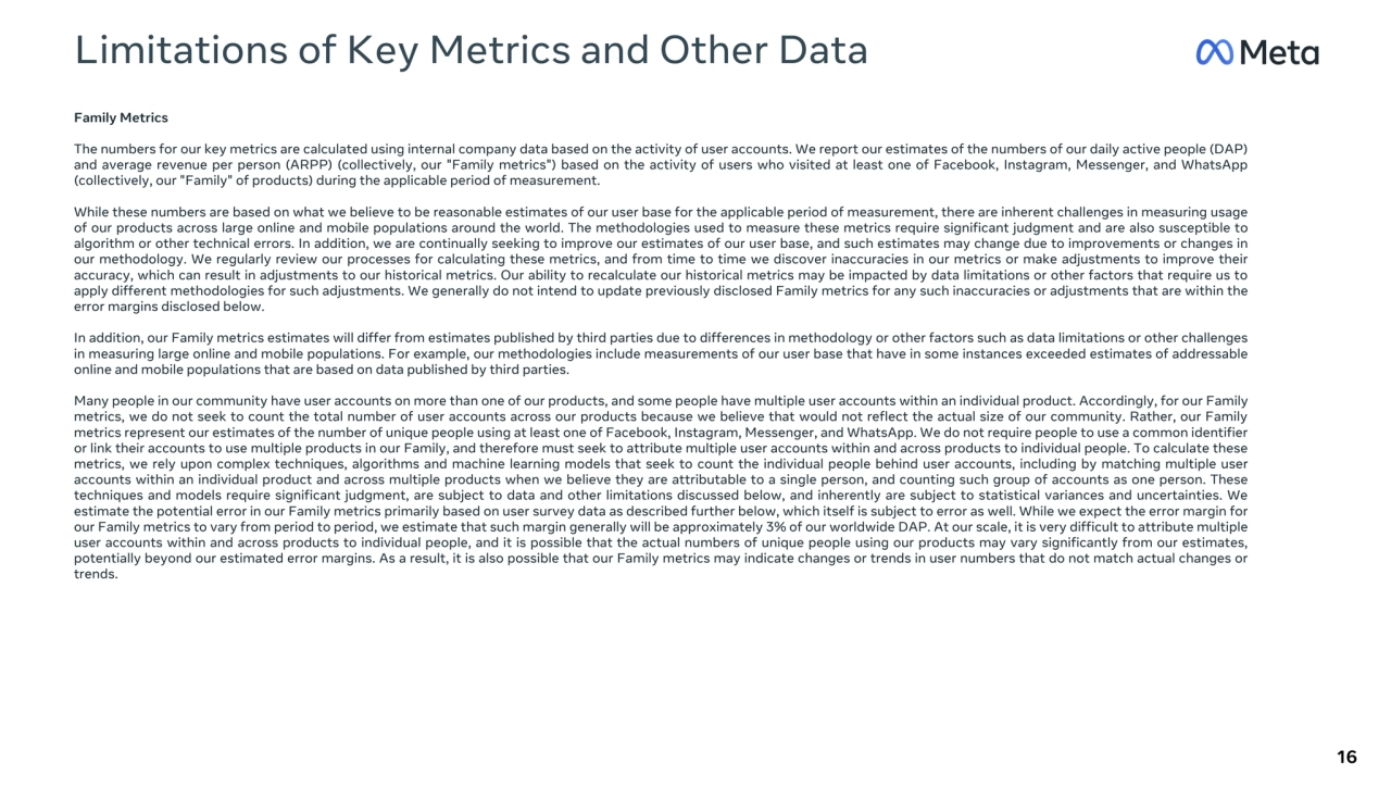 Limitations of Key Metrics and Other Data
16
Family Metrics
The numbers for our key metrics are calculated using internal company data based on the activity of user accounts. We report our estimates of the numbers of our daily active people (DAP)
and average revenue per person (ARPP) (collectively, our "Family metrics") based on the activity of users who visited at least one of Facebook, Instagram, Messenger, and WhatsApp
(collectively, our "Family" of products) during the applicable period of measurement.
While these numbers are based on what we believe to be reasonable estimates of our user base for the applicable period of measurement, there are inherent challenges in measuring usage
of our products across large online and mobile populations around the world. The methodologies used to measure these metrics require significant judgment and are also susceptible to
algorithm or other technical errors. In addition, we are continually seeking to improve our estimates of our user base, and such estimates may change due to improvements or changes in
our methodology. We regularly review our processes for calculating these metrics, and from time to time we discover inaccuracies in our metrics or make adjustments to improve their
accuracy, which can result in adjustments to our historical metrics. Our ability to recalculate our historical metrics may be impacted by data limitations or other factors that require us to
apply different methodologies for such adjustments. We generally do not intend to update previously disclosed Family metrics for any such inaccuracies or adjustments that are within the
error margins disclosed below.
In addition, our Family metrics estimates will differ from estimates published by third parties due to differences in methodology or other factors such as data limitations or other challenges
in measuring large online and mobile populations. For example, our methodologies include measurements of our user base that have in some instances exceeded estimates of addressable
online and mobile populations that are based on data published by third parties.
Many people in our community have user accounts on more than one of our products, and some people have multiple user accounts within an individual product. Accordingly, for our Family
metrics, we do not seek to count the total number of user accounts across our products because we believe that would not reflect the actual size of our community. Rather, our Family
metrics represent our estimates of the number of unique people using at least one of Facebook, Instagram, Messenger, and WhatsApp. We do not require people to use a common identifier
or link their accounts to use multiple products in our Family, and therefore must seek to attribute multiple user accounts within and across products to individual people. To calculate these
metrics, we rely upon complex techniques, algorithms and machine learning models that seek to count the individual people behind user accounts, including by matching multiple user
accounts within an individual product and across multiple products when we believe they are attributable to a single person, and counting such group of accounts as one person. These
techniques and models require significant judgment, are subject to data and other limitations discussed below, and inherently are subject to statistical variances and uncertainties. We
estimate the potential error in our Family metrics primarily based on user survey data as described further below, which itself is subject to error as well. While we expect the error margin for
our Family metrics to vary from period to period, we estimate that such margin generally will be approximately 3% of our worldwide DAP. At our scale, it is very difficult to attribute multiple
user accounts within and across products to individual people, and it is possible that the actual numbers of unique people using our products may vary significantly from our estimates,
potentially beyond our estimated error margins. As a result, it is also possible that our Family metrics may indicate changes or trends in user numbers that do not match actual changes or
trends.