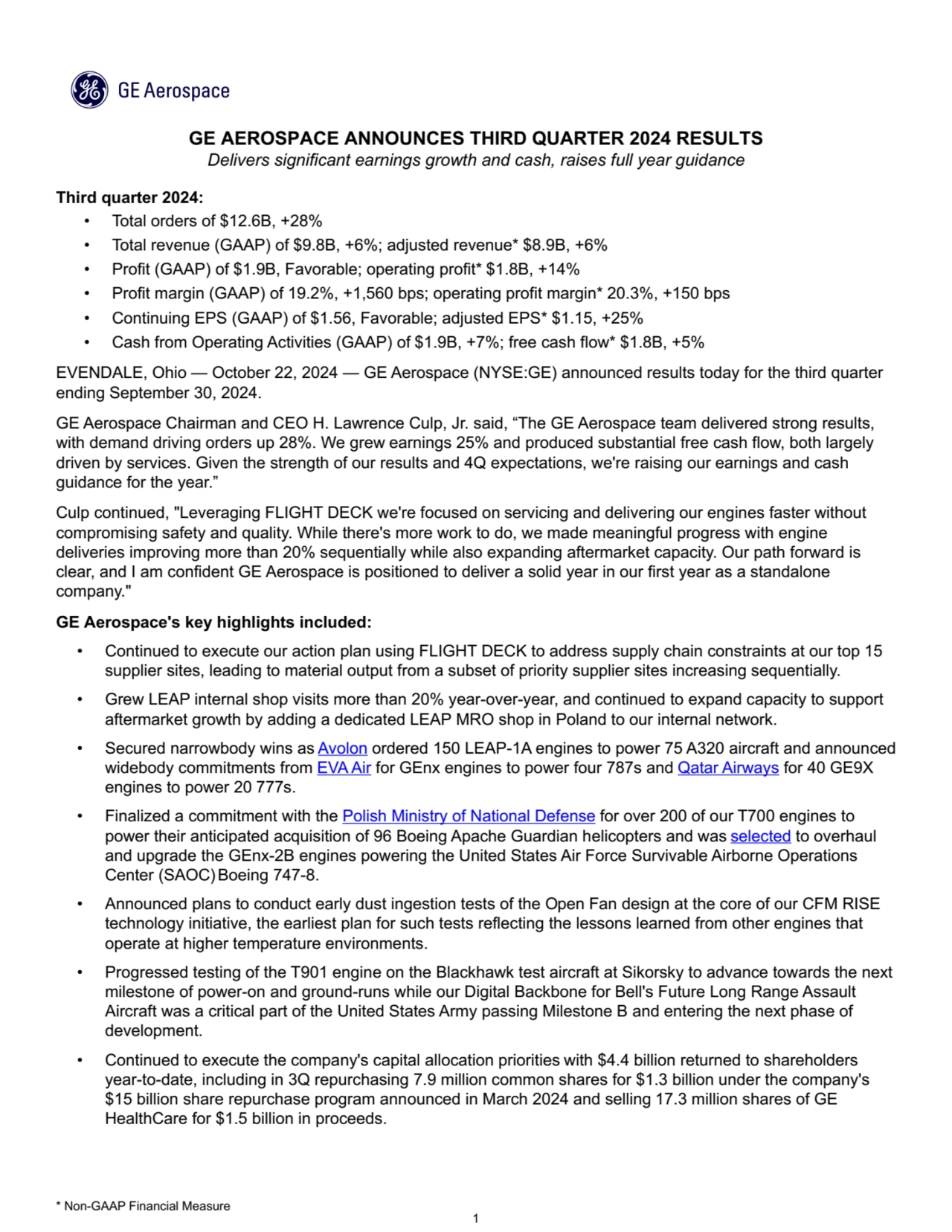 GE 3Q 2024 Earnings Release