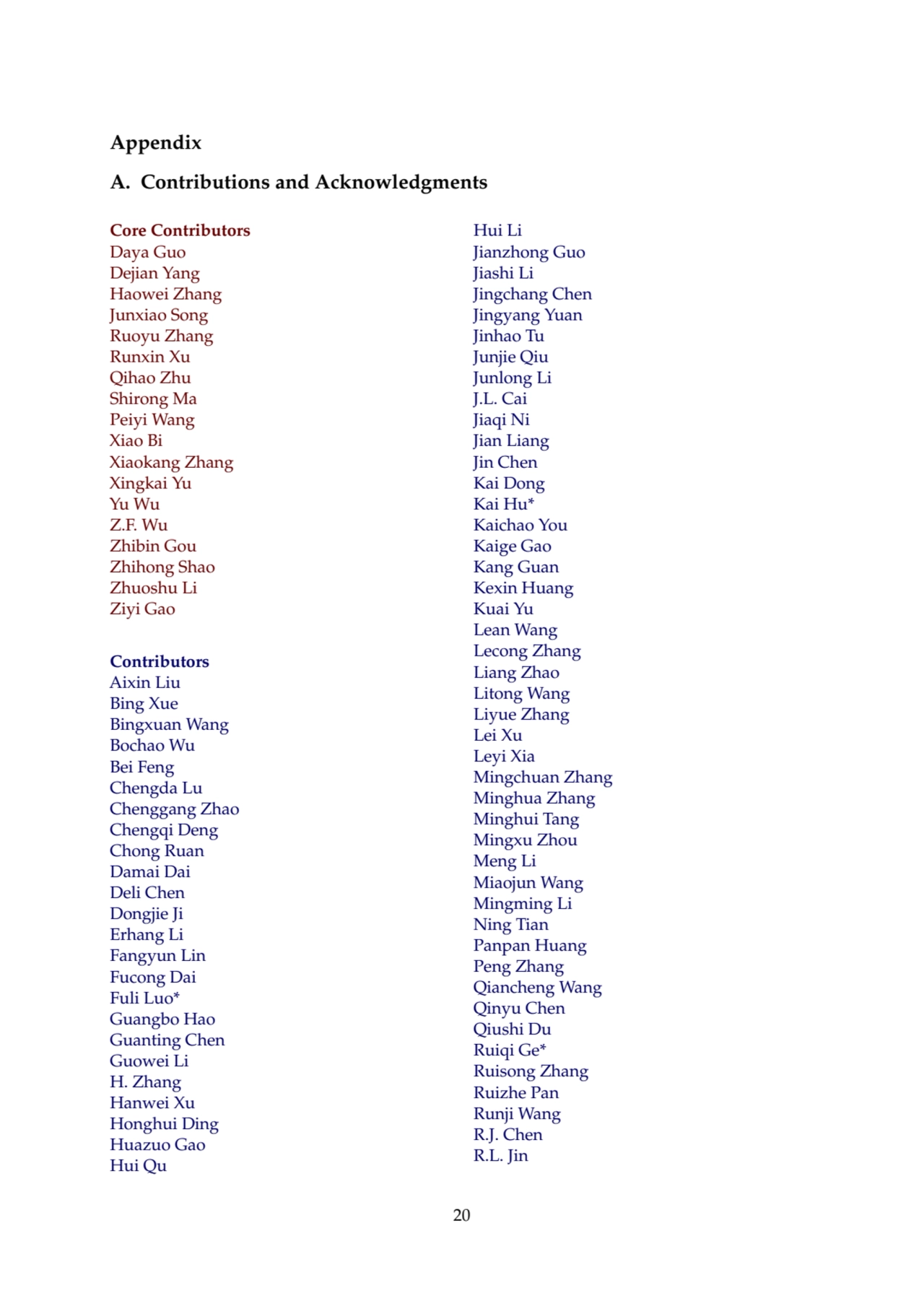 Appendix
A. Contributions and Acknowledgments
Core Contributors
Daya Guo
Dejian Yang
Haowei Zh…