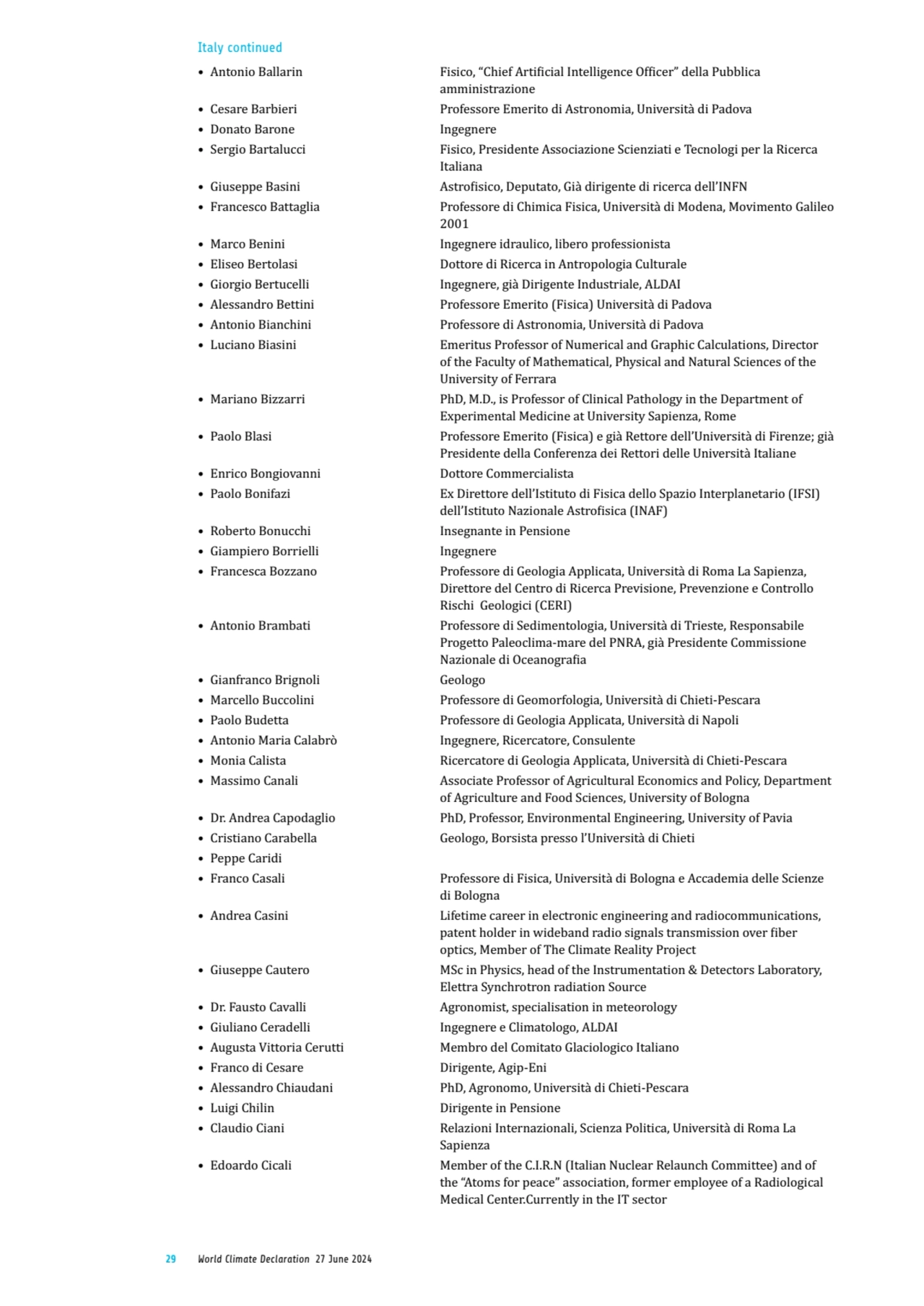 29 World Climate Declaration 27 June 2024
• Antonio Ballarin Fisico, “Chief Artificial Intelligenc…