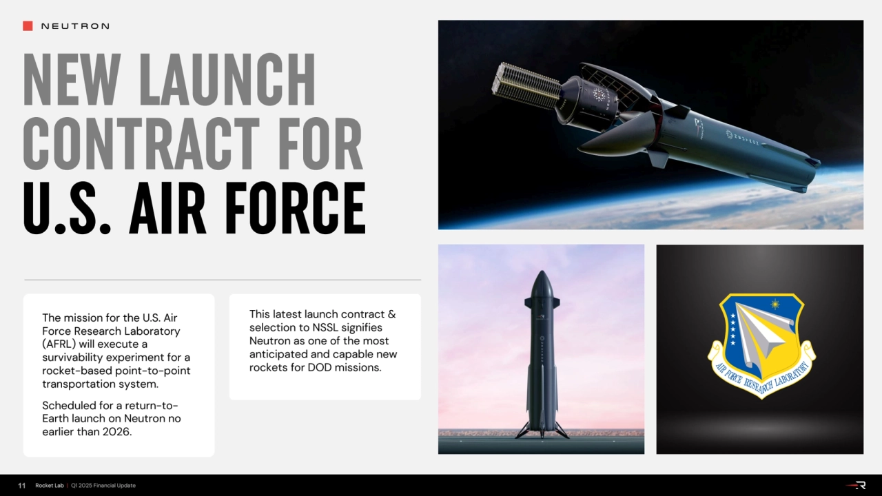 NEUTRON
11 Rocket Lab | Q1 2025 Financial Update
NEW LAUNCH
CONTRACT FOR
U.S. AIR FORCE
The …