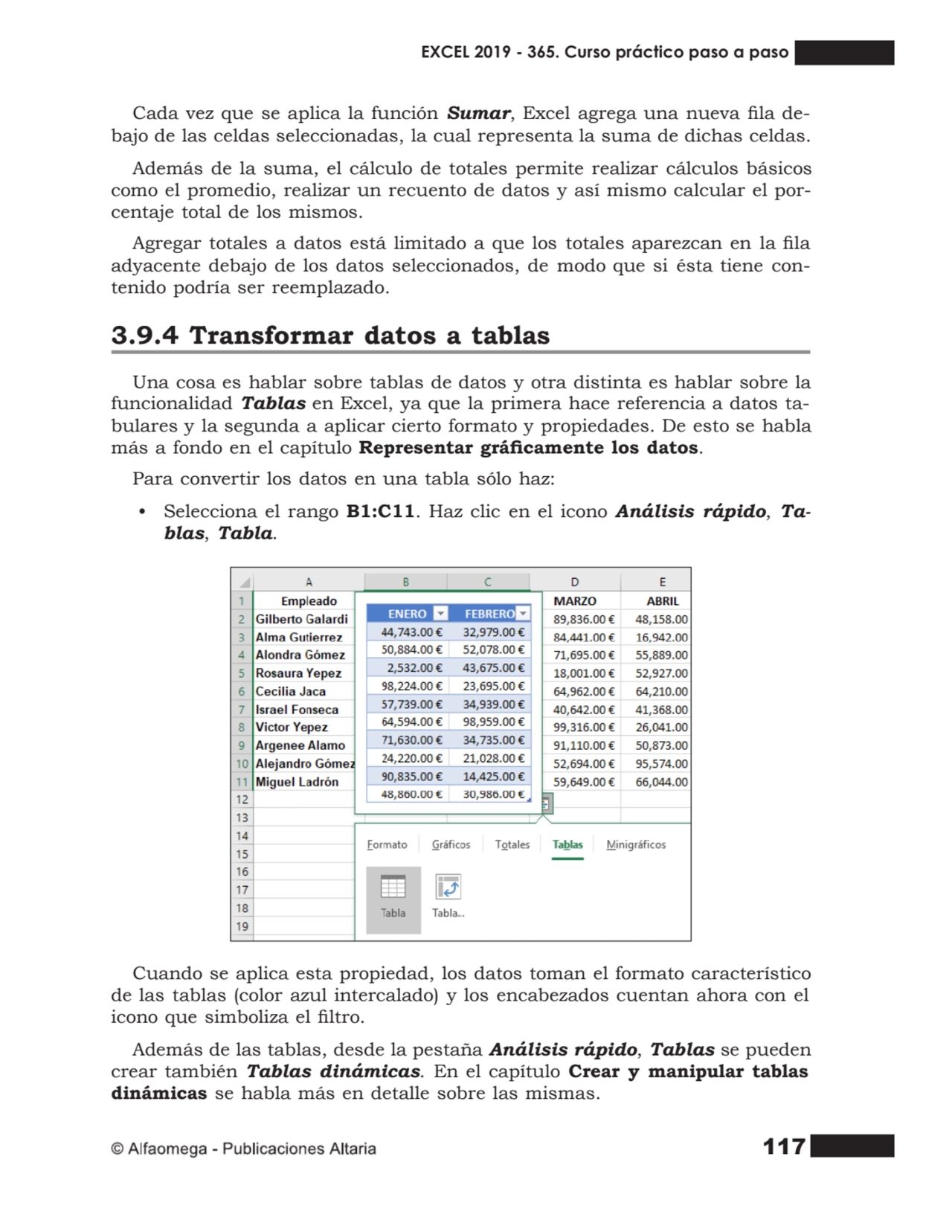 117
Cada vez que se aplica la función Sumar, Excel agrega una nueva la de- bajo de las celdas sel…