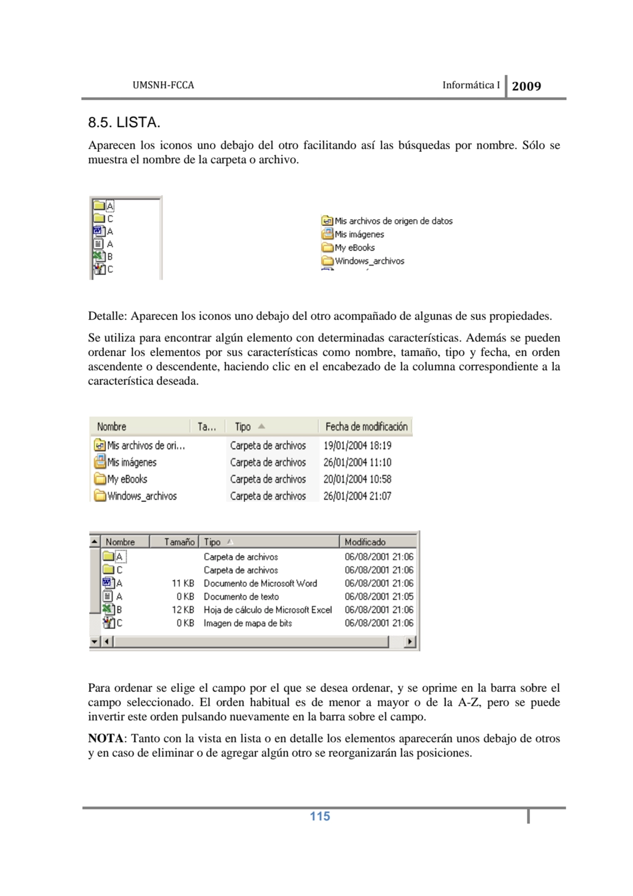 UMSNH-FCCA Informática 
 
8.5. LISTA. 
Aparecen los iconos uno debajo del otro facilitando así l…