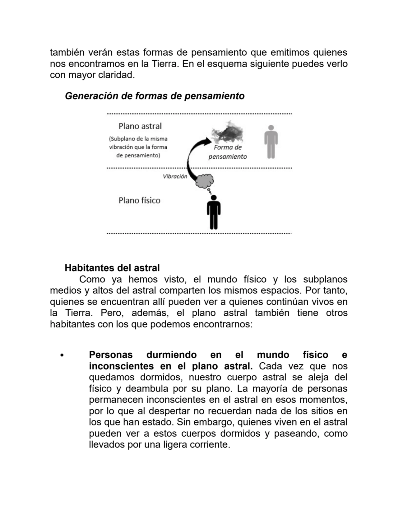 también verán estas formas de pensamiento que emitimos quienes
nos encontramos en la Tierra. En el esquema siguiente puedes verlo
con mayor claridad.
Generación de formas de pensamiento
Habitantes del astral
Como ya hemos visto, el mundo físico y los subplanos
medios y altos del astral comparten los mismos espacios. Por tanto,
quienes se encuentran allí pueden ver a quienes continúan vivos en
la Tierra. Pero, además, el plano astral también tiene otros
habitantes con los que podemos encontrarnos:
Personas durmiendo en el mundo físico e
inconscientes en el plano astral. Cada vez que nos
quedamos dormidos, nuestro cuerpo astral se aleja del
físico y deambula por su plano. La mayoría de personas
permanecen inconscientes en el astral en esos momentos,
por lo que al despertar no recuerdan nada de los sitios en
los que han estado. Sin embargo, quienes viven en el astral
pueden ver a estos cuerpos dormidos y paseando, como
llevados por una ligera corriente.
