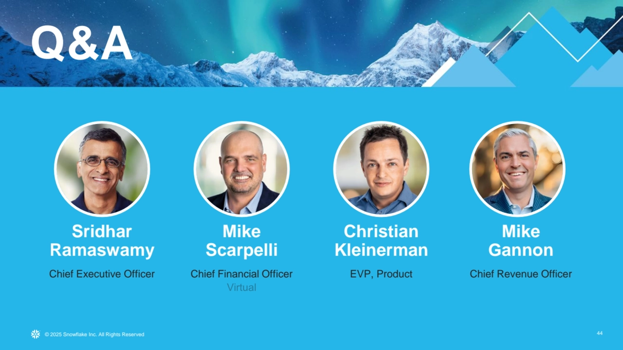 © 2025 Snowflake Inc. All Rights Reserved 44
Q&A
Sridhar
Ramaswamy
Chief Executive Officer
Mike
Scarpelli
Chief Financial Officer
Mike
Gannon
Chief Revenue Officer
Christian
Kleinerman
EVP, Product