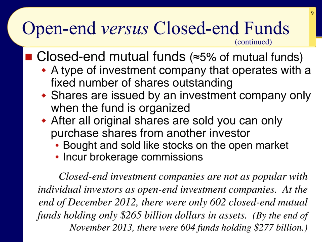 9
Open-end versus Closed-end Funds
◼ Closed-end mutual funds (≈5% of mutual funds)
 A type of i…