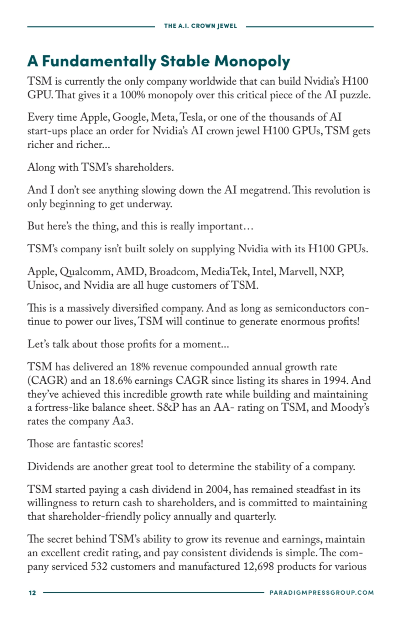 12 PARADIGMPRESSGROUP.COM
THE A.I. CROWN JEWEL
A Fundamentally Stable Monopoly
TSM is currently …