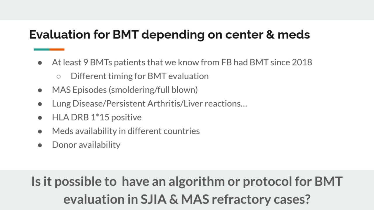 Evaluation for BMT depending on center & meds
● At least 9 BMTs patients that we know from FB had …