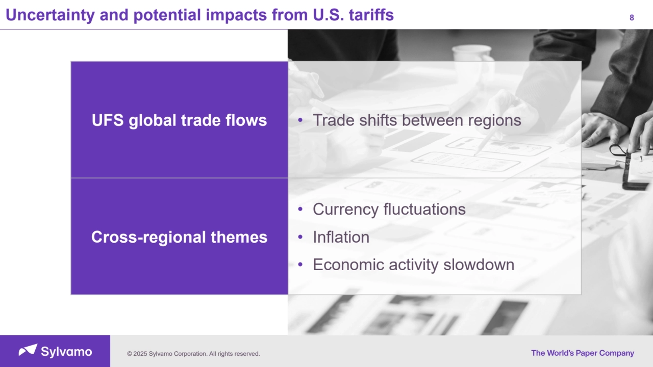 © 2025 Sylvamo Corporation. All rights reserved.
Uncertainty and potential impacts from U.S. tariffs 8
UFS global trade flows • Trade shifts between regions
Cross-regional themes
• Currency fluctuations
• Inflation
• Economic activity slowdown