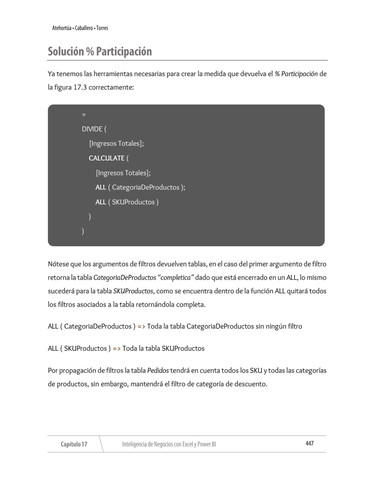 Ya tenemos las herramientas necesarias para crear la medida que devuelva el % Participación de 
la…