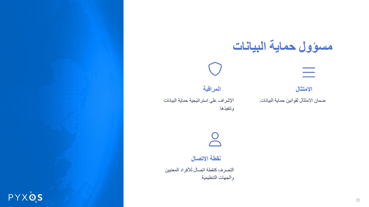 مسؤول حمایة البیانات
المراقبة
الإشراف على استراتیجیة حمایة البیانات
وتنفیذھا.
الامتثال
ضمان ال…