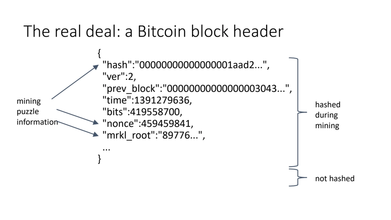 The real deal: a Bitcoin block header
{
 "hash":"00000000000000001aad2...",
 "ver":2,
 "prev_bl…