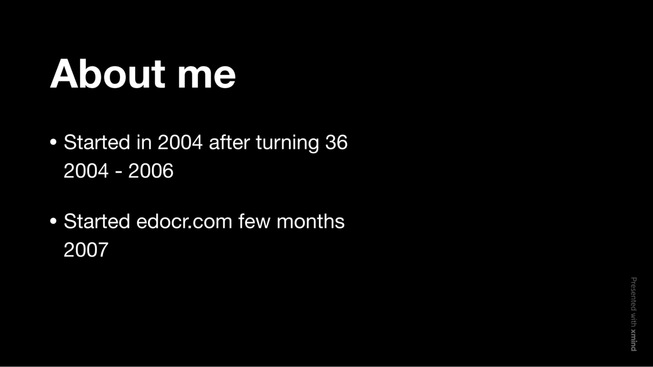 About me
Started in 2004 after turning 36
2004 - 2006
Started edocr.com few months
2007