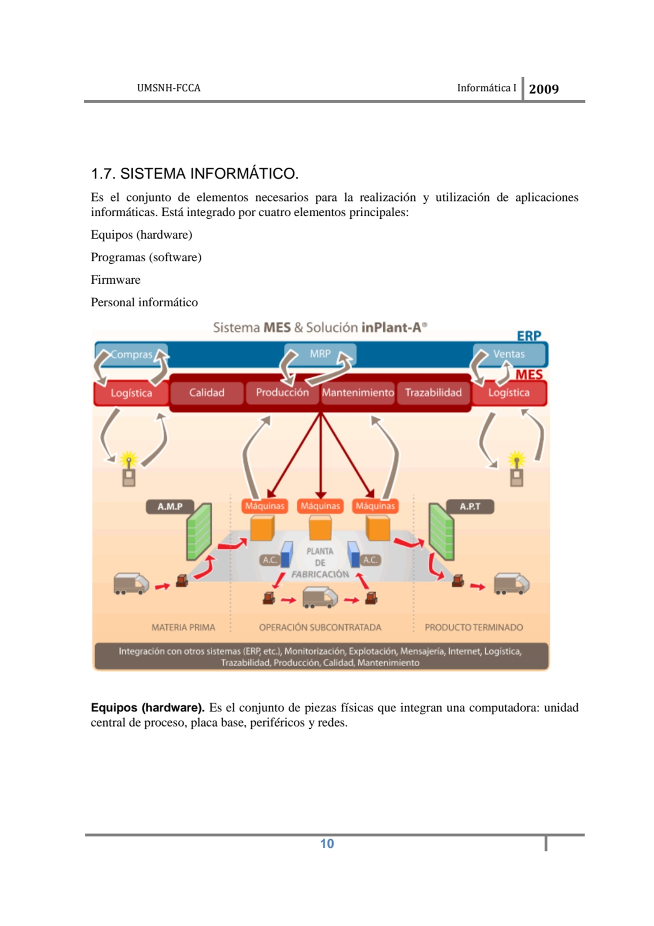 UMSNH-FCCA Informática I 2009
 10
1.7. SISTEMA INFORMÁTICO. 
Es el conjunto de elementos necesar…