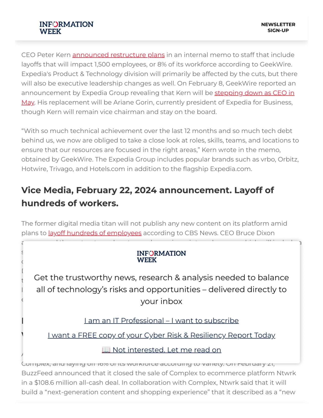 Expedia, February 26, 2024 announcement. Layoff of 1,500
people, 8% of workforce.
CEO Peter Kern …