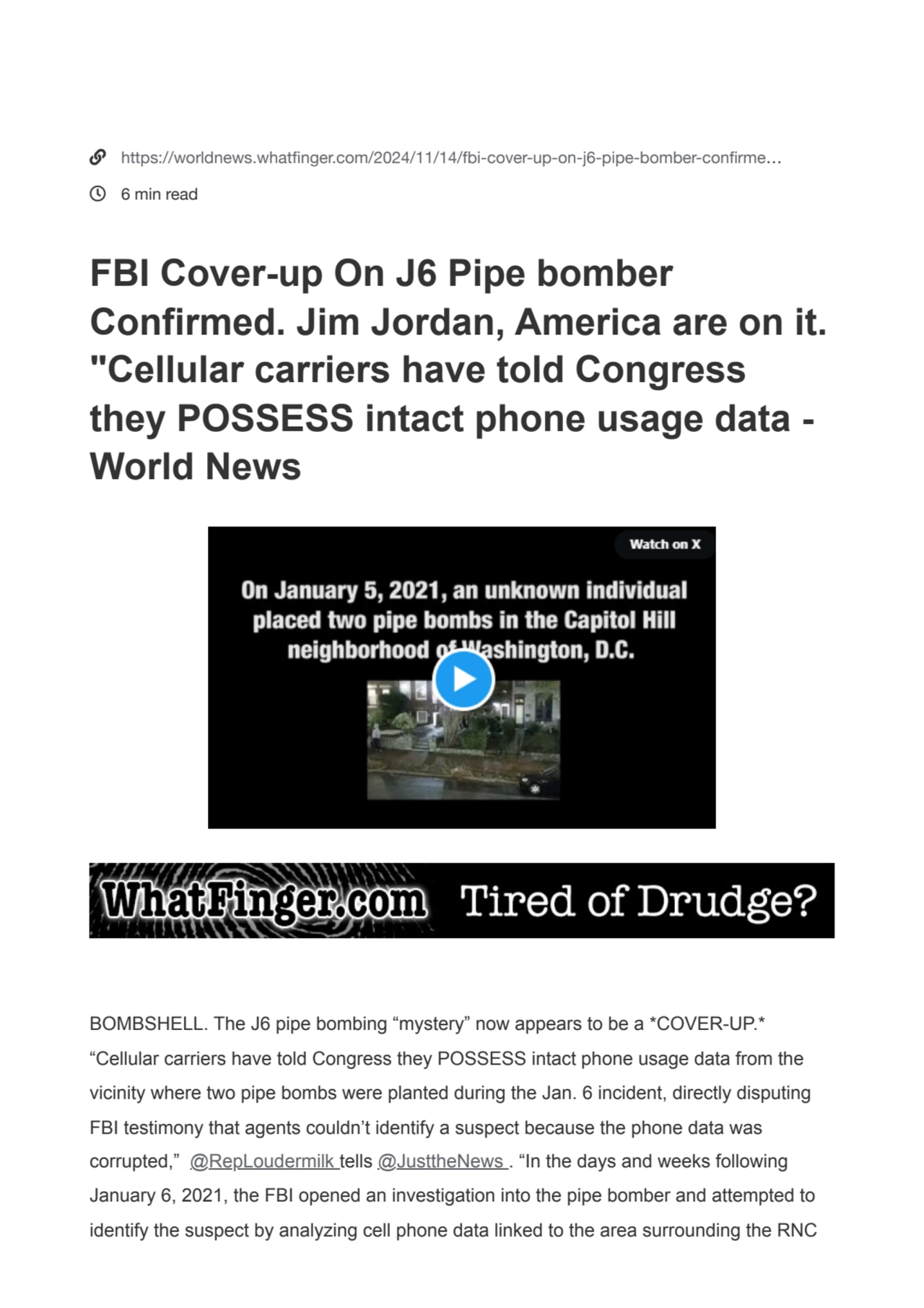 FBI Cover-up On J6 Pipe bomber Confirmed. Jim Jordan, America are on it. "Cellular carriers have told Congress they POSSESS intact phone usage data - World News