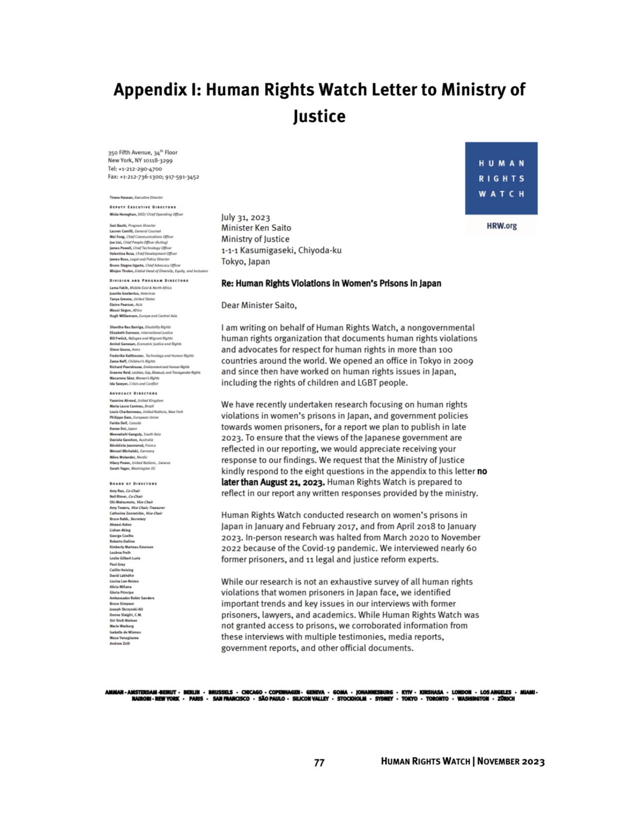 77 HUMAN RIGHTS WATCH | NOVEMBER 2023
Appendix I: Human Rights Watch Letter to Ministry of 
Justi…