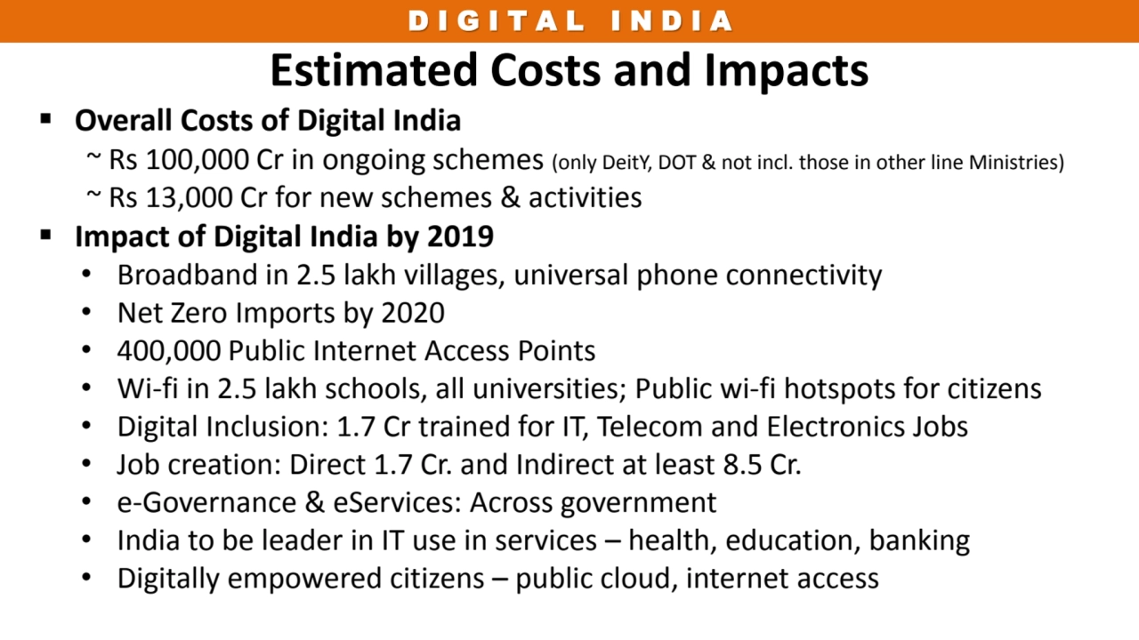 D I G I T A L I N D I A 
Estimated Costs and Impacts
 Overall Costs of Digital India
~ Rs 100,0…