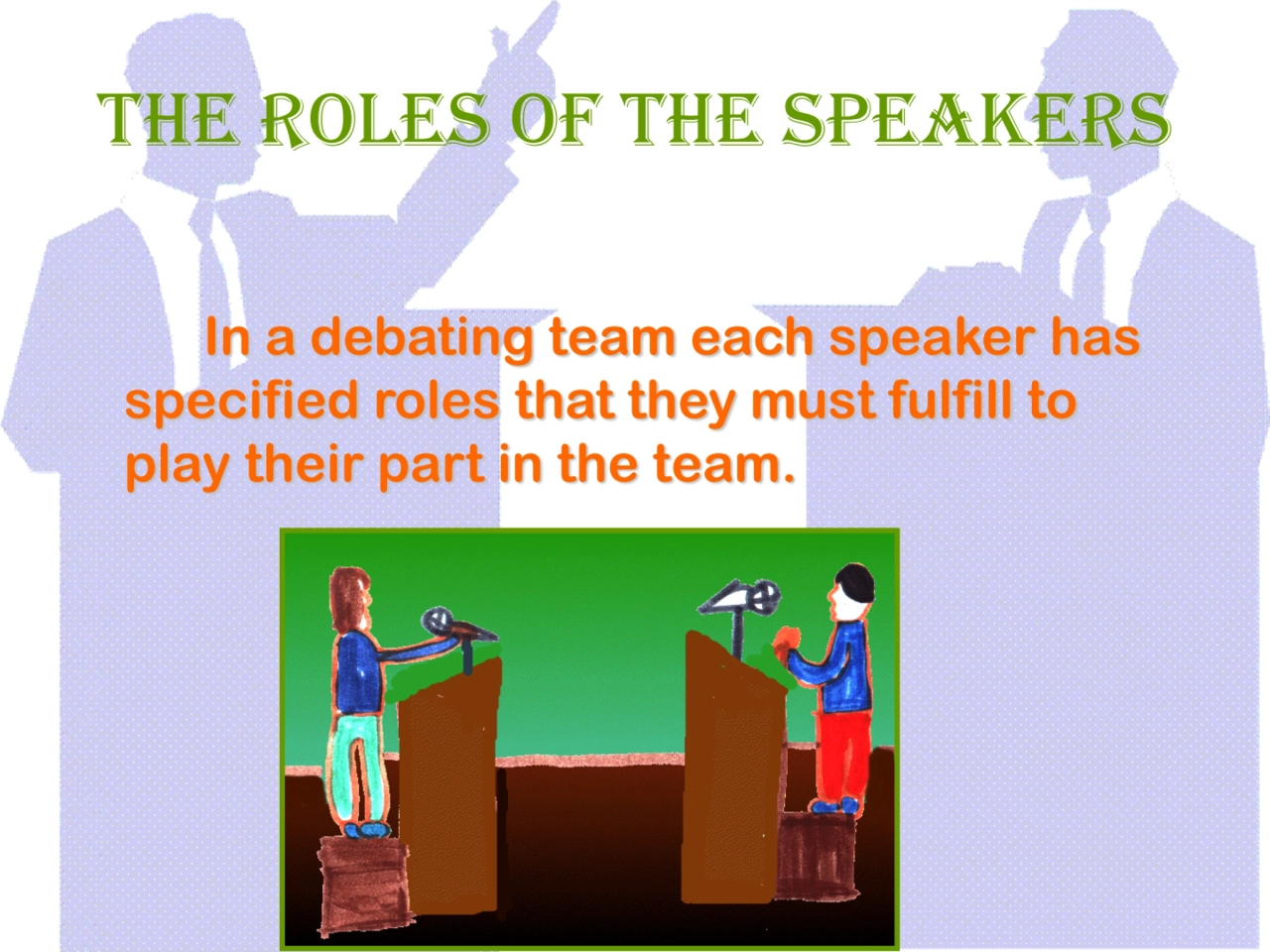 The Roles of The Speakers
In a debating team each speaker has 
specified roles that they must ful…