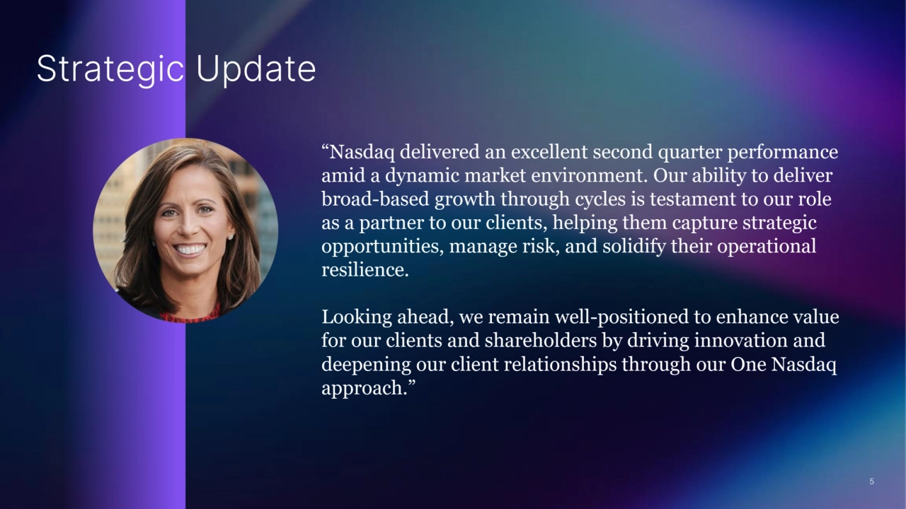 “Nasdaq delivered an excellent second quarter performance 
amid a dynamic market environment. Our ability to deliver 
broad-based growth through cycles is testament to our role 
as a partner to our clients, helping them capture strategic 
opportunities, manage risk, and solidify their operational 
resilience.
Looking ahead, we remain well-positioned to enhance value 
for our clients and shareholders by driving innovation and 
deepening our client relationships through our One Nasdaq 
approach.”