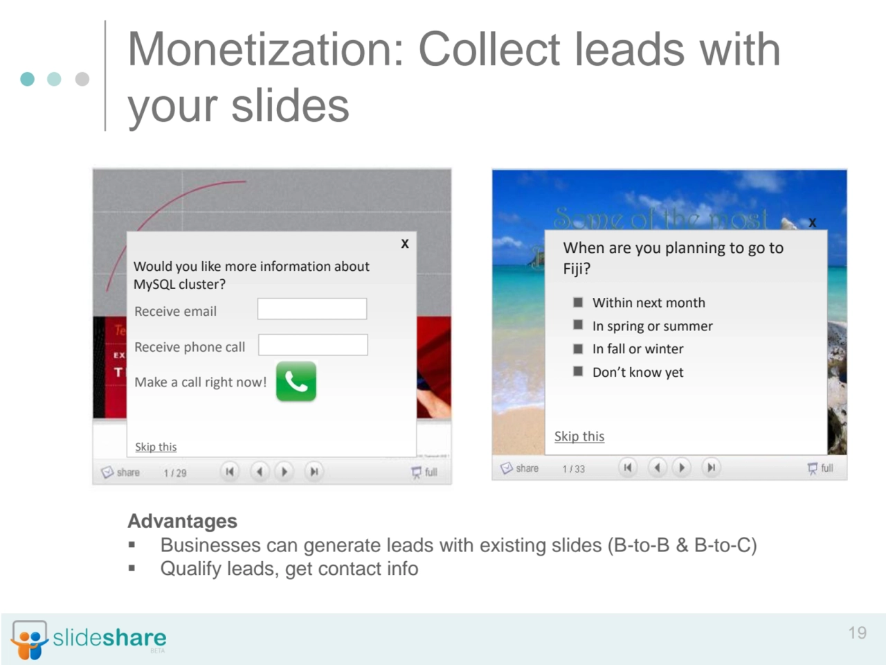 19
Monetization: Collect leads with 
your slides
Advantages
▪ Businesses can generate leads wit…