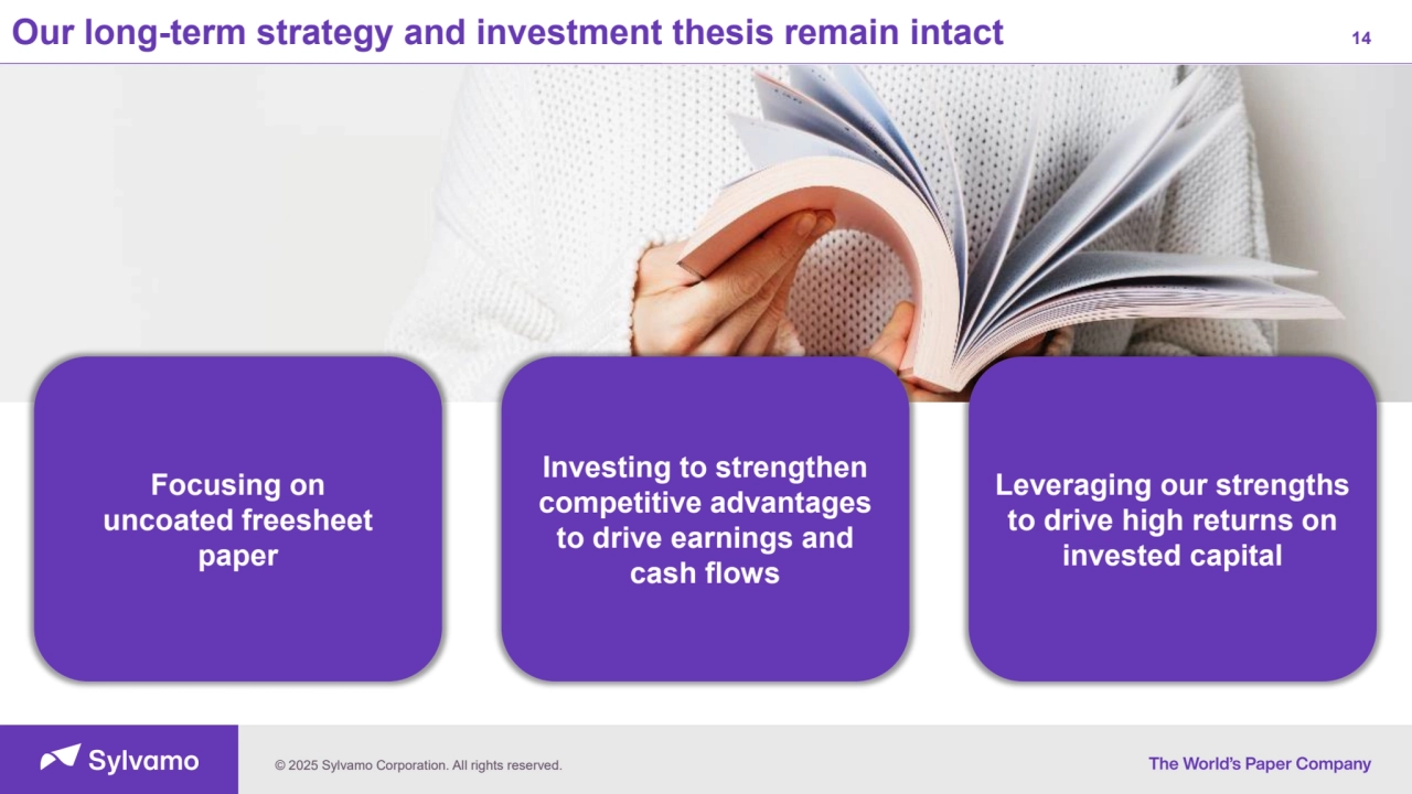 © 2025 Sylvamo Corporation. All rights reserved.
Our long-term strategy and investment thesis remain intact 14
Focusing on
uncoated freesheet
paper
Leveraging our strengths
to drive high returns on
invested capital
Investing to strengthen
competitive advantages
to drive earnings and
cash flows