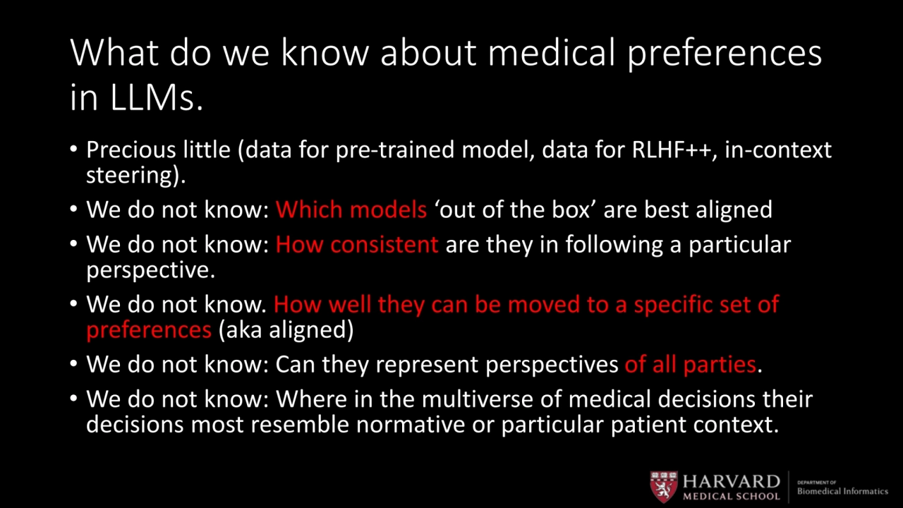 What do we know about medical preferences 
in LLMs.
• Precious little (data for pre-trained model…