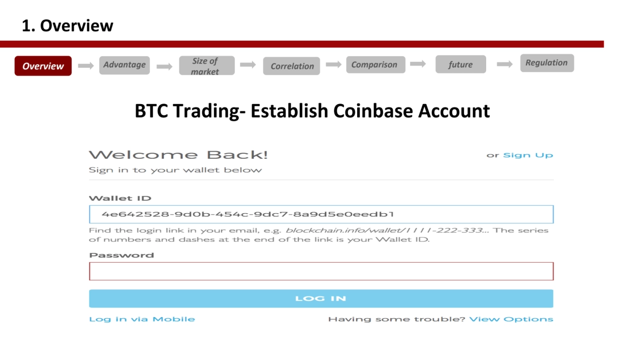 BTC Trading- Establish Coinbase Account 
1. Overview
Size of 
market Overview Advantage Regulati…