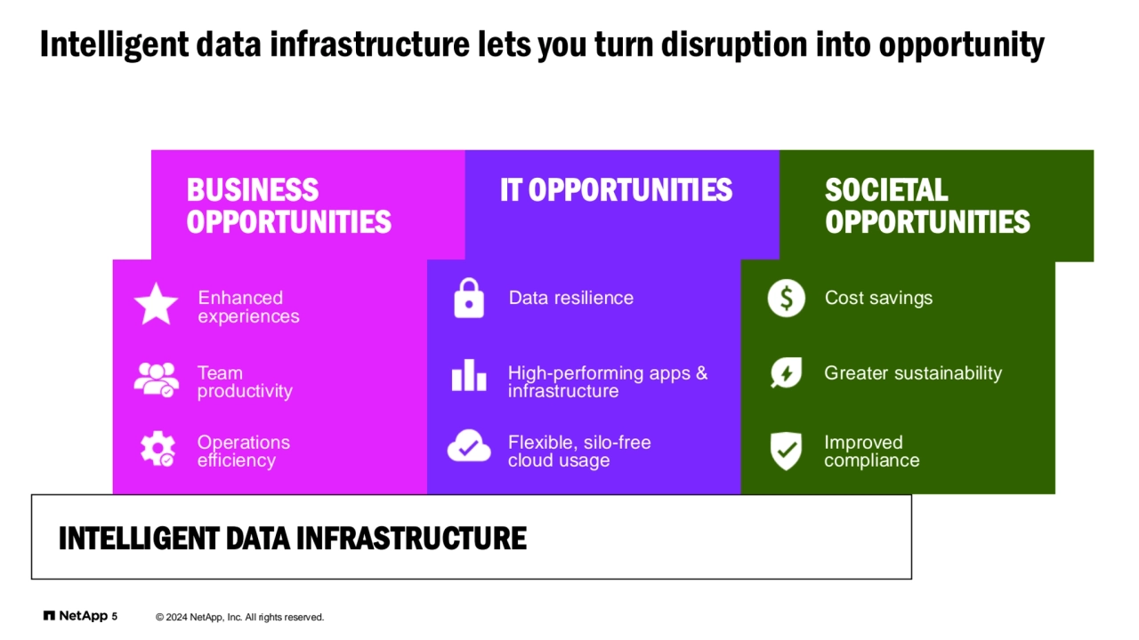 © 2024 NetApp, Inc. All rights reserved.
Intelligent data infrastructure lets you turn disruption into opportunity 
BUSINESS 
OPPORTUNITIES
IT OPPORTUNITIES SOCIETAL 
OPPORTUNITIES
INTELLIGENT DATA INFRASTRUCTURE
Enhanced
experiences
Operations
efficiency
Team 
productivity
Data resilience
Flexible, silo-free 
cloud usage
High-performing apps & 
infrastructure
Cost savings
Improved 
compliance
Greater sustainability
55 © 2024 NetApp, Inc. All rights reserved. 
