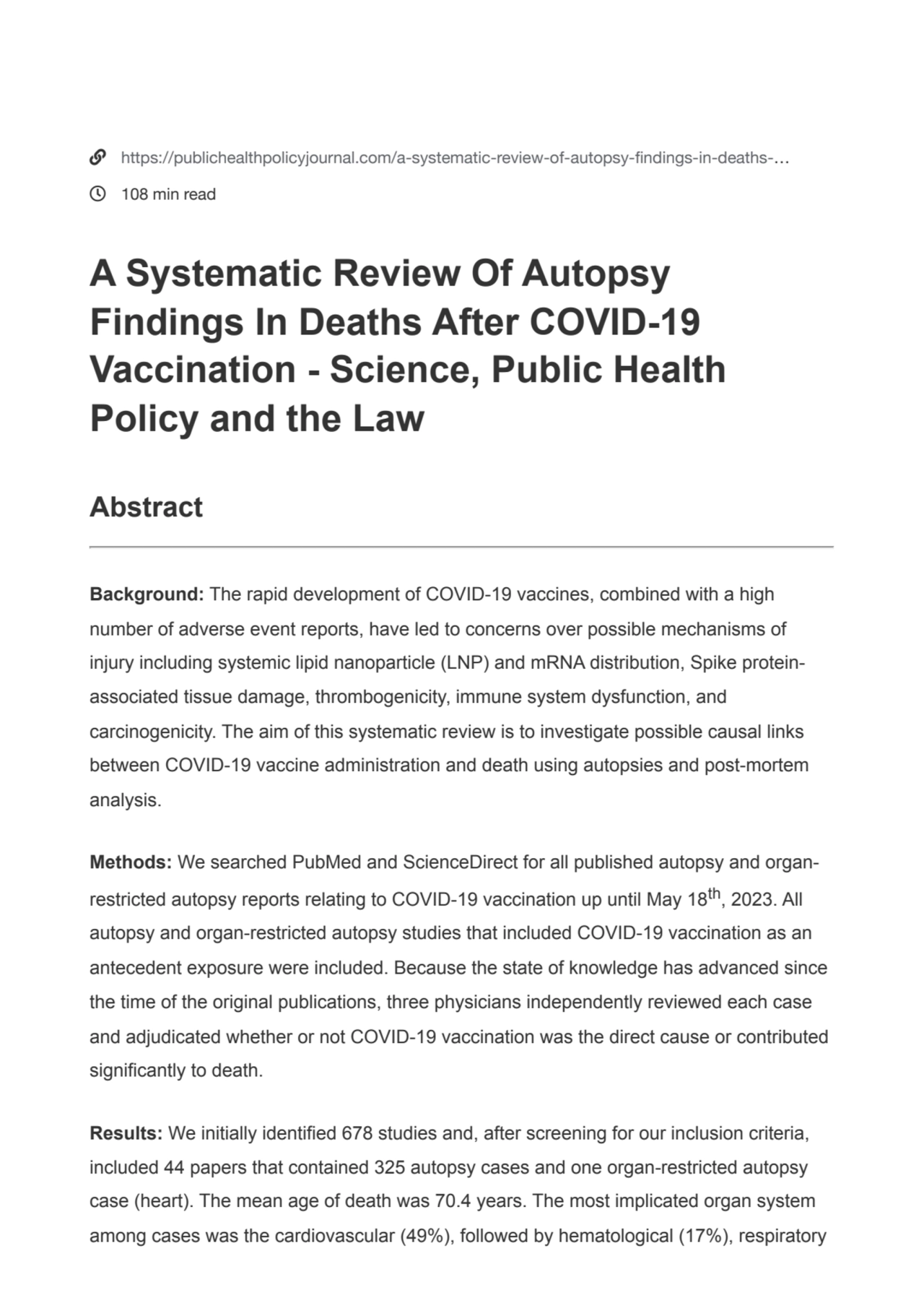 A Systematic Review Of Autopsy Findings In Deaths After COVID-19 Vaccination - Science, Public Health Policy and the Law