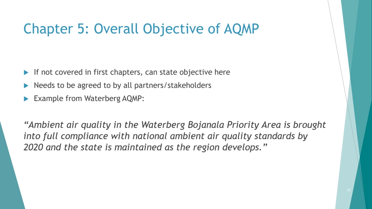 Chapter 5: Overall Objective of AQMP
 If not covered in first chapters, can state objective here
…