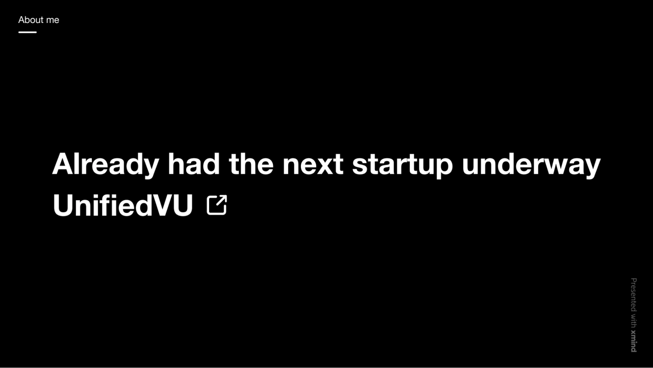 Already had the next startup underway
UnifiedVU
About me