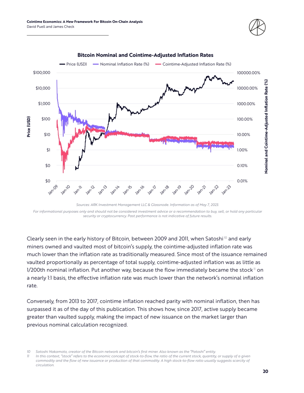Cointime Economics: A New Framework For Bitcoin On-Chain Analysis 
David Puell and James Check
20
0.01%
0.10%
1.00%
10.00%
100.00%
1000.00%
10000.00%
100000.00%
$0
$0
$1
$10
$100
$1,000
$10,000
$100,000
Jan-09 Jan-10 Jan-11 Jan-12 Jan-13 Jan-14 Jan-15 Jan-16 Jan-17 Jan-18 Jan-19 Jan-20 Jan-21 Jan-22 Jan-23
Nominal and Cointime-Adjusted Inflation Rate (%)
Price (USD)
Bitcoin Nominal and Cointime-Adjusted Inflation Rates
Price (USD) Nominal Inflation Rate (%) Cointime-Adjusted Inflation Rate (%)
Jan-09
Jan-10
Jan-11
Jan-12
Jan-13
Jan-14
Jan-15
Jan-16
Jan-17
Jan-18
Jan-19
Jan-20
Jan-21
Jan-22
Jan-23
Price (USD)
$100,000
$10,000
$1,000
$100
$10
$1
$0
$0
100000.00%
10000.00%
100.00%
1000.00%
10.00%
0.10%
1.00%
0.01%
Nominal and Cointime-Adjusted Inflation Rate (%)
Bitcoin Nominal and Cointime-Adjusted Inflation Rates
Price (USD) Nominal Inflation Rate (%) Cointime-Adjusted Inflation Rate (%)
Sources: ARK Investment Management LLC & Glassnode. Information as of May 7, 2023. 
For informational purposes only and should not be considered investment advice or a recommendation to buy, sell, or hold any particular 
security or cryptocurrency. Past performance is not indicative of future results.
Clearly seen in the early history of Bitcoin, between 2009 and 2011, when Satoshi 10 and early 
miners owned and vaulted most of bitcoin’s supply, the cointime-adjusted inflation rate was 
much lower than the inflation rate as traditionally measured. Since most of the issuance remained 
vaulted proportionally as percentage of total supply, cointime-adjusted inflation was as little as 
1/200th nominal inflation. Put another way, because the flow immediately became the stock11 on 
a nearly 1:1 basis, the effective inflation rate was much lower than the network’s nominal inflation 
rate.
Conversely, from 2013 to 2017, cointime inflation reached parity with nominal inflation, then has 
surpassed it as of the day of this publication. This shows how, since 2017, active supply became 
greater than vaulted supply, making the impact of new issuance on the market larger than 
previous nominal calculation recognized. 
10 Satoshi Nakamoto, creator of the Bitcoin network and bitcoin’s first miner. Also known as the “Patoshi” entity.
11 In this context, “stock” refers to the economic concept of stock-to-flow, the ratio of the current stock, quantity, or supply of a given 
commodity and the flow of new issuance or production of that commodity. A high stock-to-flow ratio usually suggests scarcity of 
circulation.