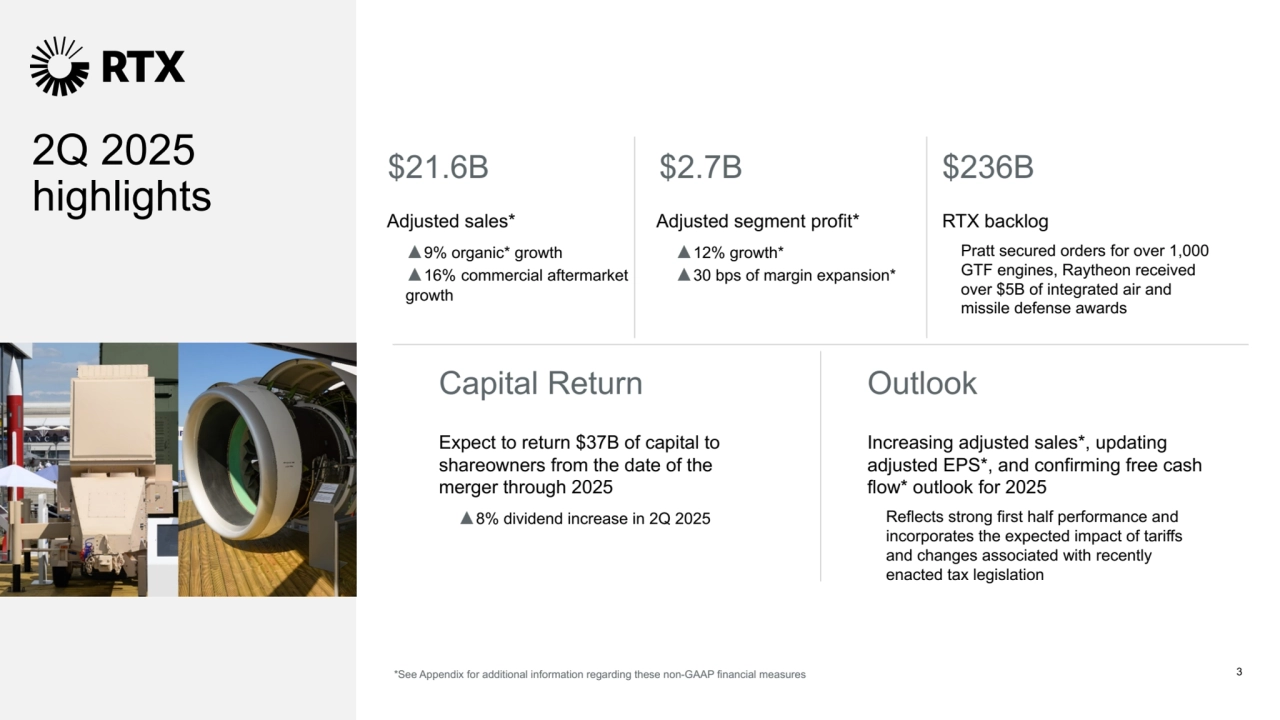 3
2Q 2025
highlights
*See Appendix for additional information regarding these non-GAAP financial measures
Increasing adjusted sales*, updating 
adjusted EPS*, and confirming free cash 
flow* outlook for 2025
Reflects strong first half performance and 
incorporates the expected impact of tariffs 
and changes associated with recently 
enacted tax legislation
Capital Return Outlook
Expect to return $37B of capital to 
shareowners from the date of the 
merger through 2025
▲8% dividend increase in 2Q 2025
Adjusted sales*
▲9% organic* growth
▲16% commercial aftermarket 
growth
$21.6B
RTX backlog
Pratt secured orders for over 1,000 
GTF engines, Raytheon received 
over $5B of integrated air and 
missile defense awards
$236B
Adjusted segment profit*
▲12% growth*
▲30 bps of margin expansion*
$2.7B