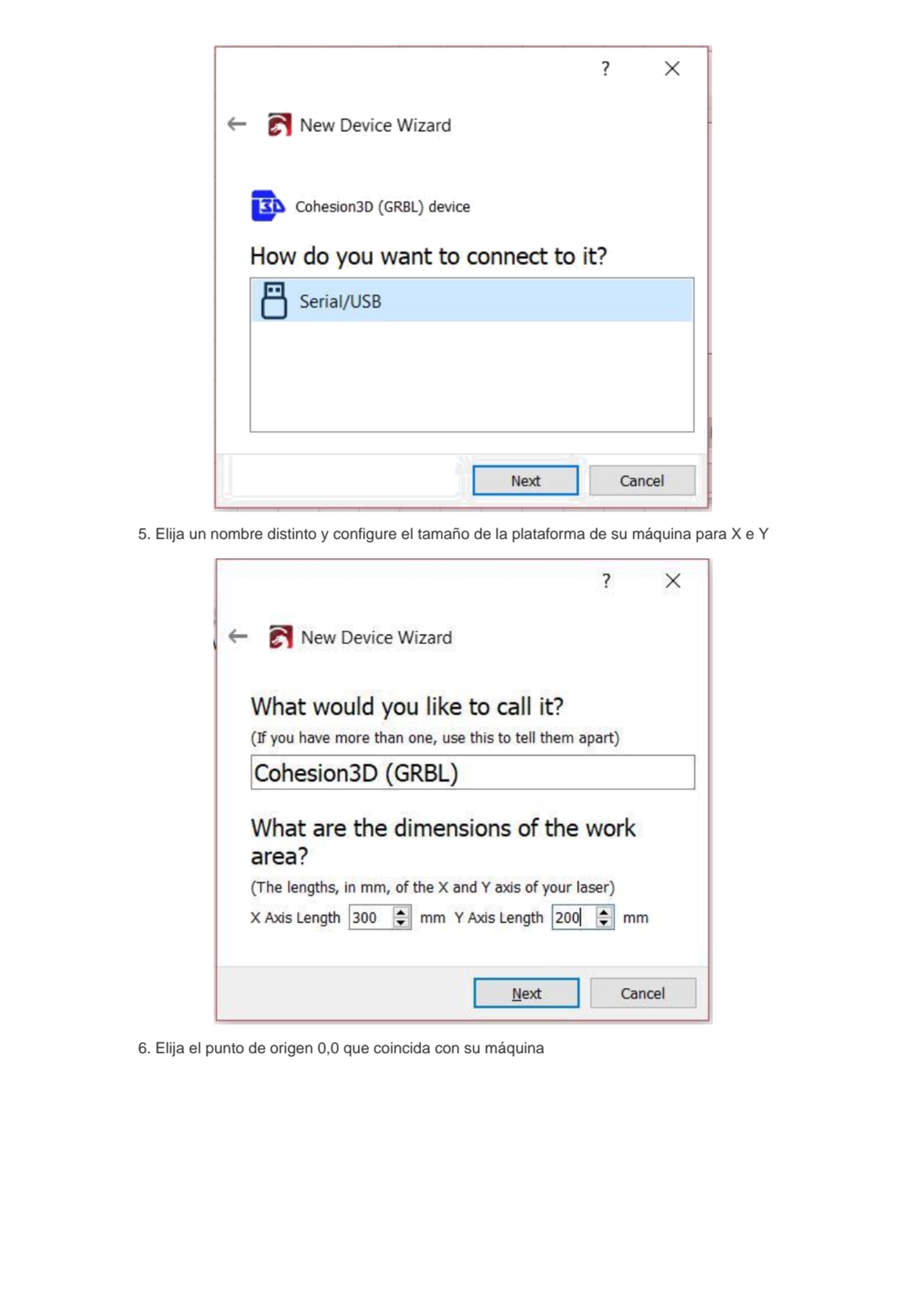 5. Elija un nombre distinto y configure el tamaño de la plataforma de su máquina para X e Y
6. Eli…