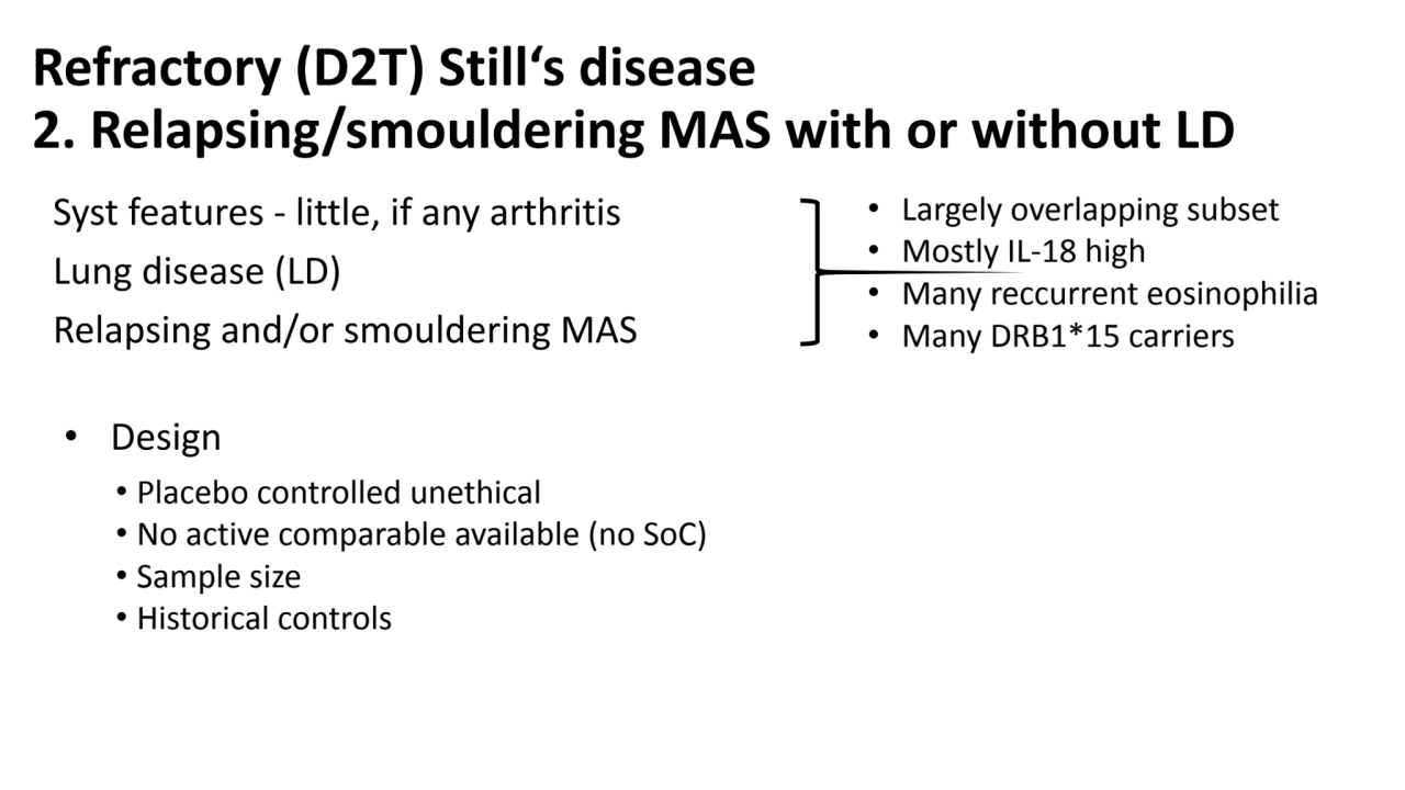 Refractory (D2T) Still‘s disease
2. Relapsing/smouldering MAS with or without LD
Syst features - …