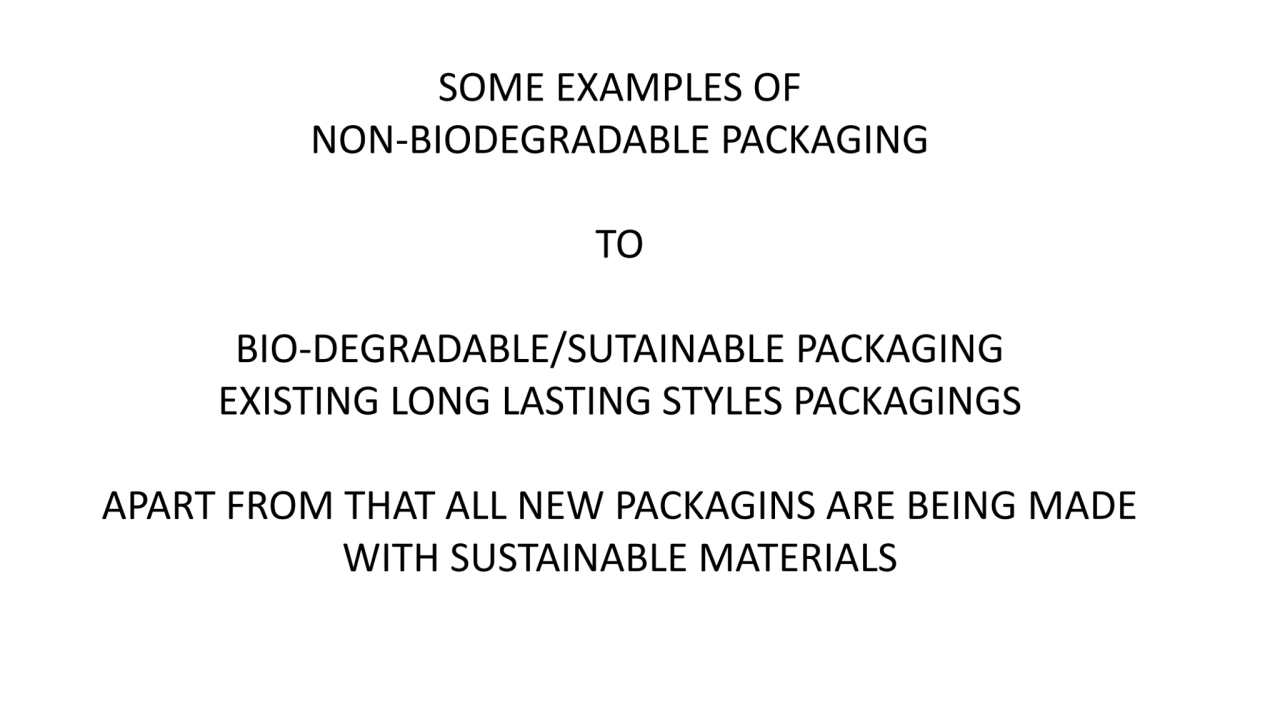 SOME EXAMPLES OF
NON-BIODEGRADABLE PACKAGING 
TO
BIO-DEGRADABLE/SUTAINABLE PACKAGING
EXISTING L…