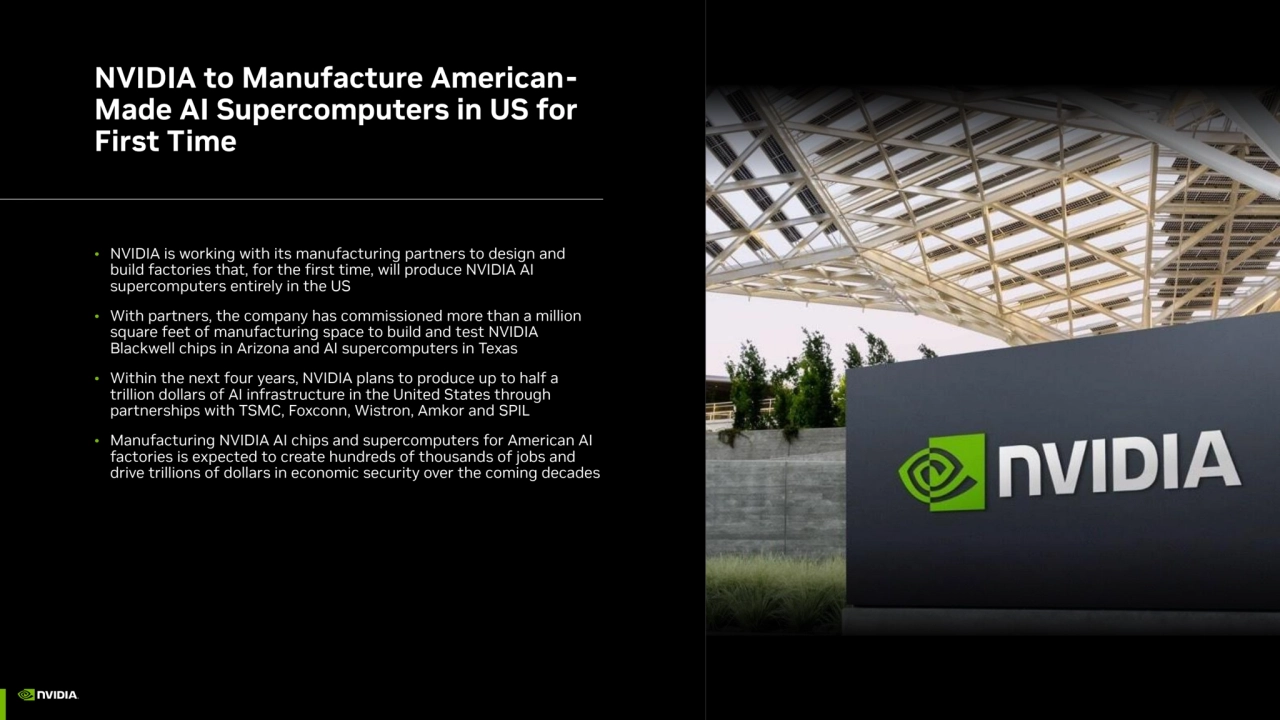NVIDIA to Manufacture AmericanMade AI Supercomputers in US for 
First Time
• NVIDIA is working with its manufacturing partners to design and 
build factories that, for the first time, will produce NVIDIA AI 
supercomputers entirely in the US
• With partners, the company has commissioned more than a million 
square feet of manufacturing space to build and test NVIDIA 
Blackwell chips in Arizona and AI supercomputers in Texas
• Within the next four years, NVIDIA plans to produce up to half a 
trillion dollars of AI infrastructure in the United States through 
partnerships with TSMC, Foxconn, Wistron, Amkor and SPIL
• Manufacturing NVIDIA AI chips and supercomputers for American AI 
factories is expected to create hundreds of thousands of jobs and 
drive trillions of dollars in economic security over the coming decades
