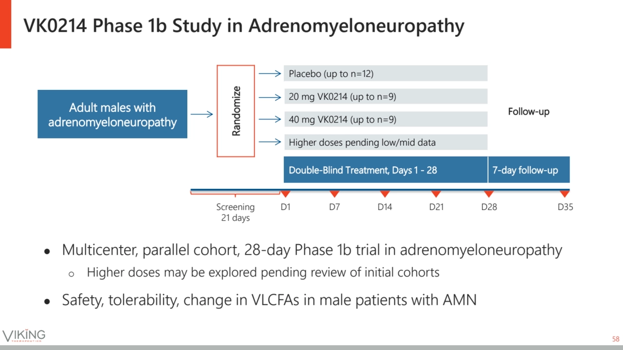 VK0214 Phase 1b Study in Adrenomyeloneuropathy
58
Screening 
21 days
D1 D7 D14 D21 D28 D35
Ran…