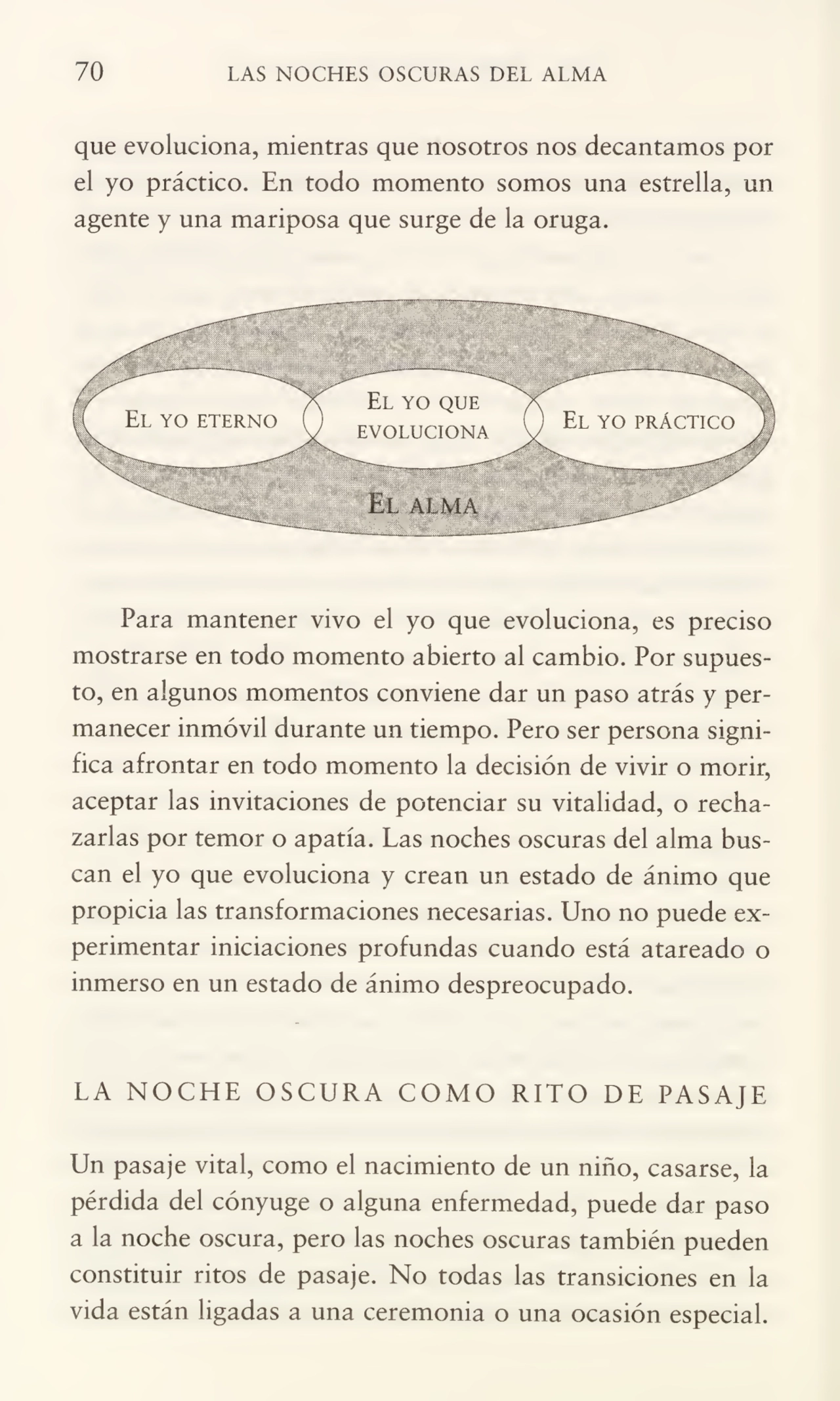 70 LAS NOCHES OSCURAS DEL ALMA
que evoluciona, mientras que nosotros nos decantamos por
el yo práctico. En todo momento somos una estrella, un
agente y una mariposa que surge de la oruga.
Para mantener vivo el yo que evoluciona, es preciso
mostrarse en todo momento abierto al cambio. Por supues¬
to, en algunos momentos conviene dar un paso atrás y per¬
manecer inmóvil durante un tiempo. Pero ser persona signi¬
fica afrontar en todo momento la decisión de vivir o morir,
aceptar las invitaciones de potenciar su vitalidad, o recha¬
zarlas por temor o apatía. Las noches oscuras del alma bus¬
can el yo que evoluciona y crean un estado de ánimo que
propicia las transformaciones necesarias. Uno no puede ex¬
perimentar iniciaciones profundas cuando está atareado o
inmerso en un estado de ánimo despreocupado.
LA NOCHE OSCURA COMO RITO DE PASAJE
Un pasaje vital, como el nacimiento de un niño, casarse, la
pérdida del cónyuge o alguna enfermedad, puede dar paso
a la noche oscura, pero las noches oscuras también pueden
constituir ritos de pasaje. No todas las transiciones en la
vida están ligadas a una ceremonia o una ocasión especial.