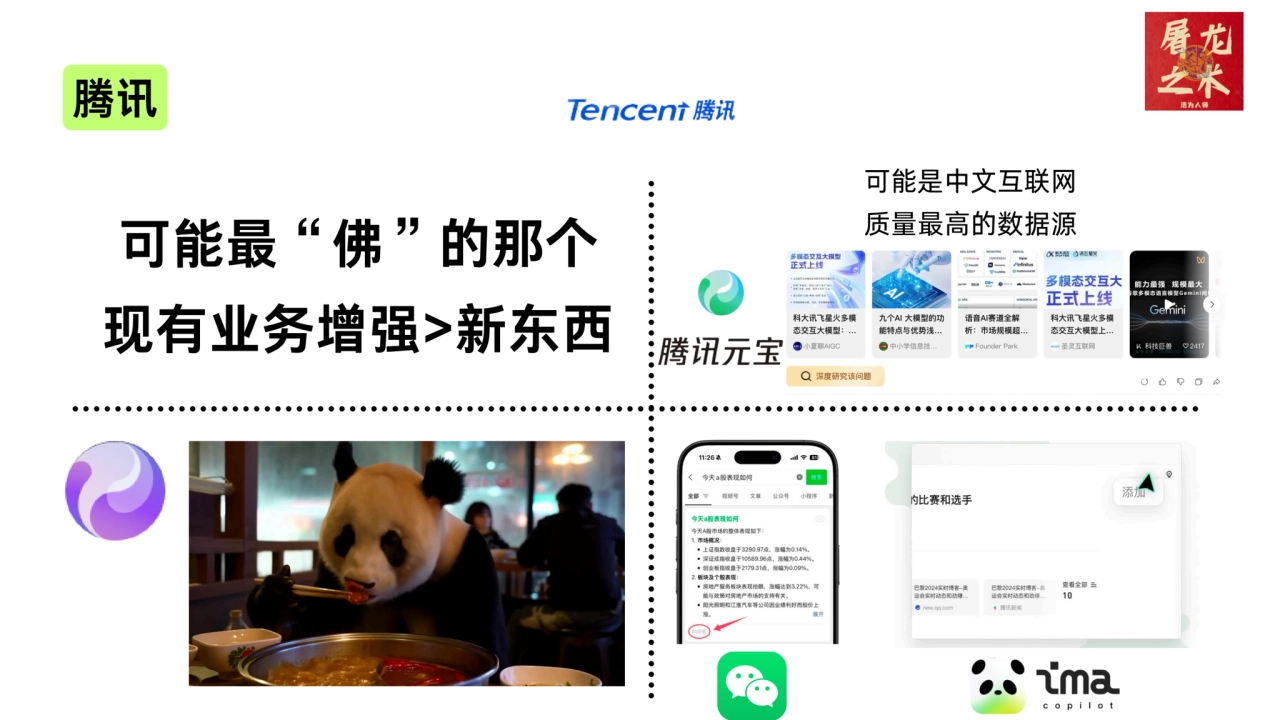 腾讯
可能最“佛”的那个
现有业务增强>新东西
可能是中文互联网
质量最高的数据源