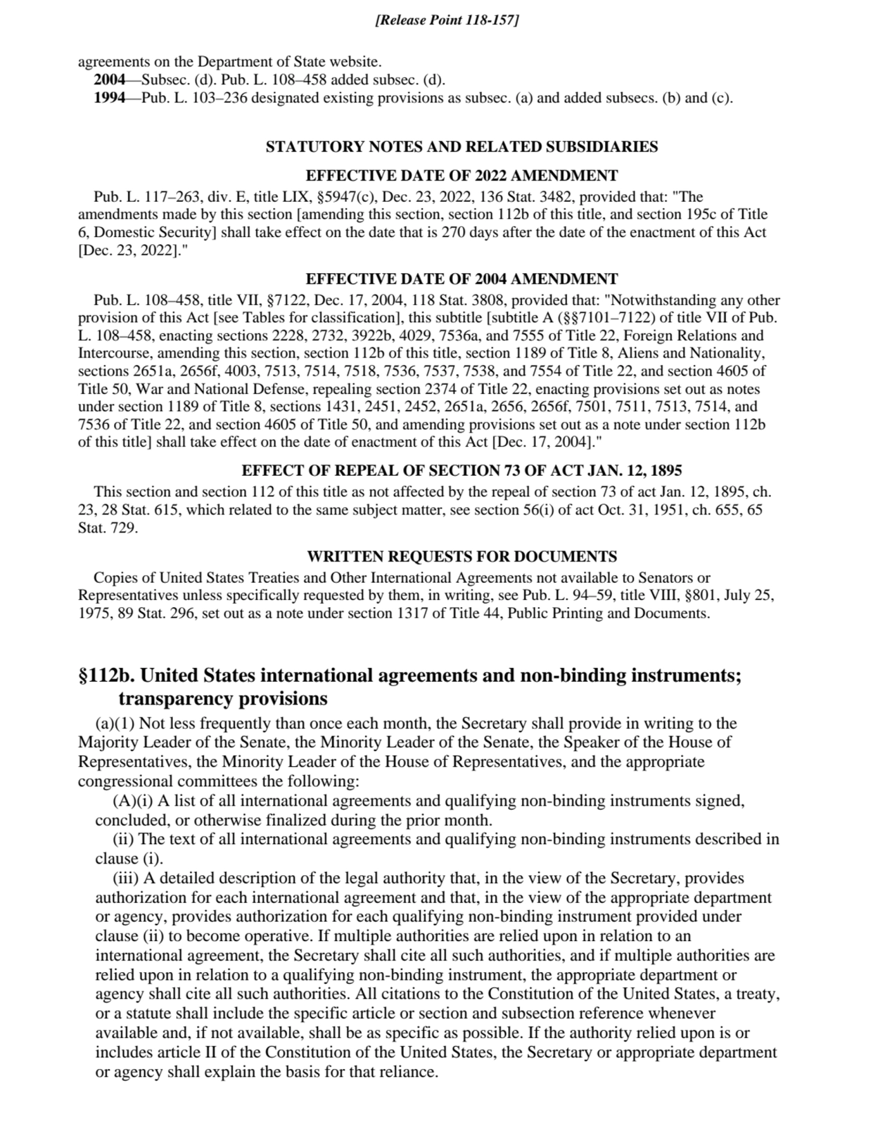 agreements on the Department of State website.
2004—Subsec. (d). Pub. L. 108–458 added subsec. (d)…