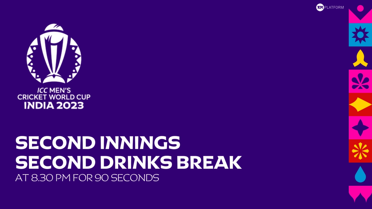 SECOND INNINGS 
SECOND DRINKS BREAK 
AT 8.30 PM FOR 90 SECONDS