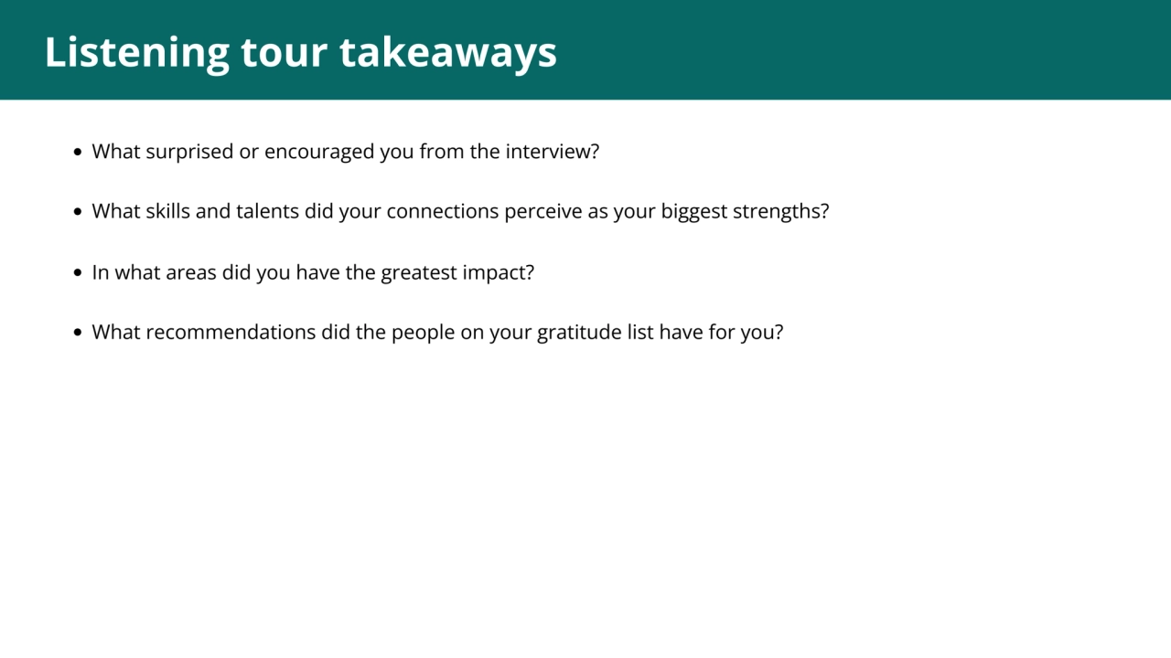 1
Listening tour takeaways
What surprised or encouraged you from the interview?
What skills and …