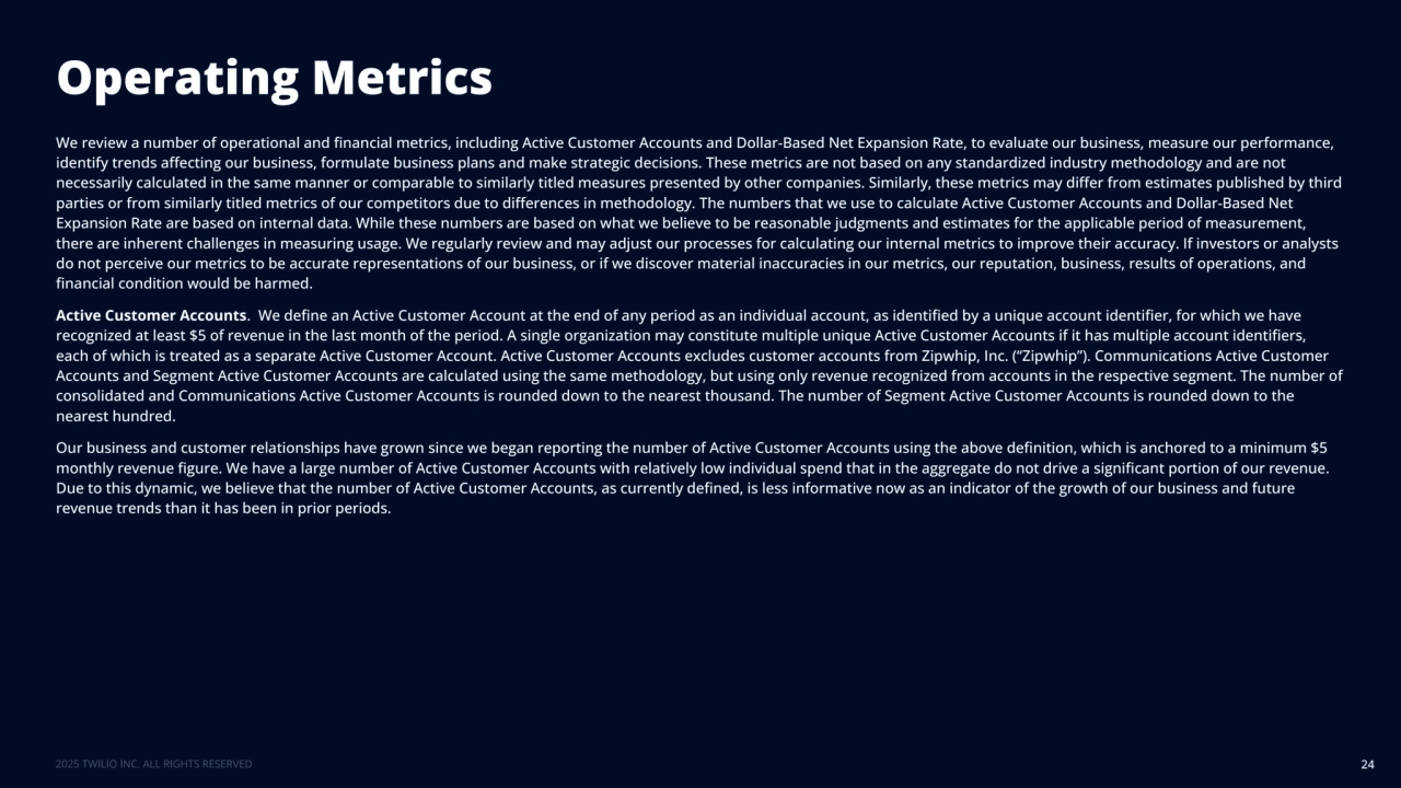 Operating Metrics
24
We review a number of operational and financial metrics, including Active Customer Accounts and Dollar-Based Net Expansion Rate, to evaluate our business, measure our performance, 
identify trends affecting our business, formulate business plans and make strategic decisions. These metrics are not based on any standardized industry methodology and are not 
necessarily calculated in the same manner or comparable to similarly titled measures presented by other companies. Similarly, these metrics may differ from estimates published by third 
parties or from similarly titled metrics of our competitors due to differences in methodology. The numbers that we use to calculate Active Customer Accounts and Dollar-Based Net 
Expansion Rate are based on internal data. While these numbers are based on what we believe to be reasonable judgments and estimates for the applicable period of measurement, 
there are inherent challenges in measuring usage. We regularly review and may adjust our processes for calculating our internal metrics to improve their accuracy. If investors or analysts 
do not perceive our metrics to be accurate representations of our business, or if we discover material inaccuracies in our metrics, our reputation, business, results of operations, and 
financial condition would be harmed.
Active Customer Accounts. We define an Active Customer Account at the end of any period as an individual account, as identified by a unique account identifier, for which we have 
recognized at least $5 of revenue in the last month of the period. A single organization may constitute multiple unique Active Customer Accounts if it has multiple account identifiers, 
each of which is treated as a separate Active Customer Account. Active Customer Accounts excludes customer accounts from Zipwhip, Inc. (“Zipwhip”). Communications Active Customer 
Accounts and Segment Active Customer Accounts are calculated using the same methodology, but using only revenue recognized from accounts in the respective segment. The number of 
consolidated and Communications Active Customer Accounts is rounded down to the nearest thousand. The number of Segment Active Customer Accounts is rounded down to the 
nearest hundred.
Our business and customer relationships have grown since we began reporting the number of Active Customer Accounts using the above definition, which is anchored to a minimum $5 
monthly revenue figure. We have a large number of Active Customer Accounts with relatively low individual spend that in the aggregate do not drive a significant portion of our revenue. 
Due to this dynamic, we believe that the number of Active Customer Accounts, as currently defined, is less informative now as an indicator of the growth of our business and future 
revenue trends than it has been in prior periods. 