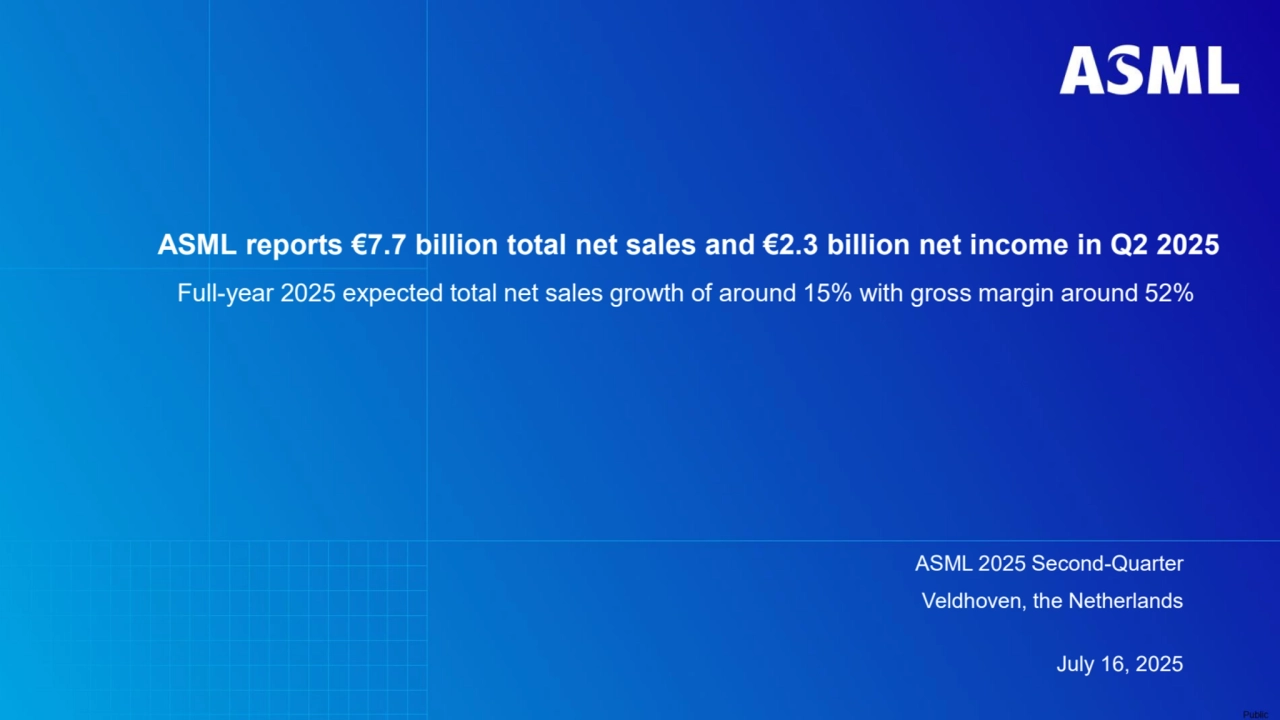 ASML 2025 Second-Quarter
Veldhoven, the Netherlands
July 16, 2025
ASML reports €7.7 billion total net sales and €2.3 billion net income in Q2 2025
Full-year 2025 expected total net sales growth of around 15% with gross margin around 52%